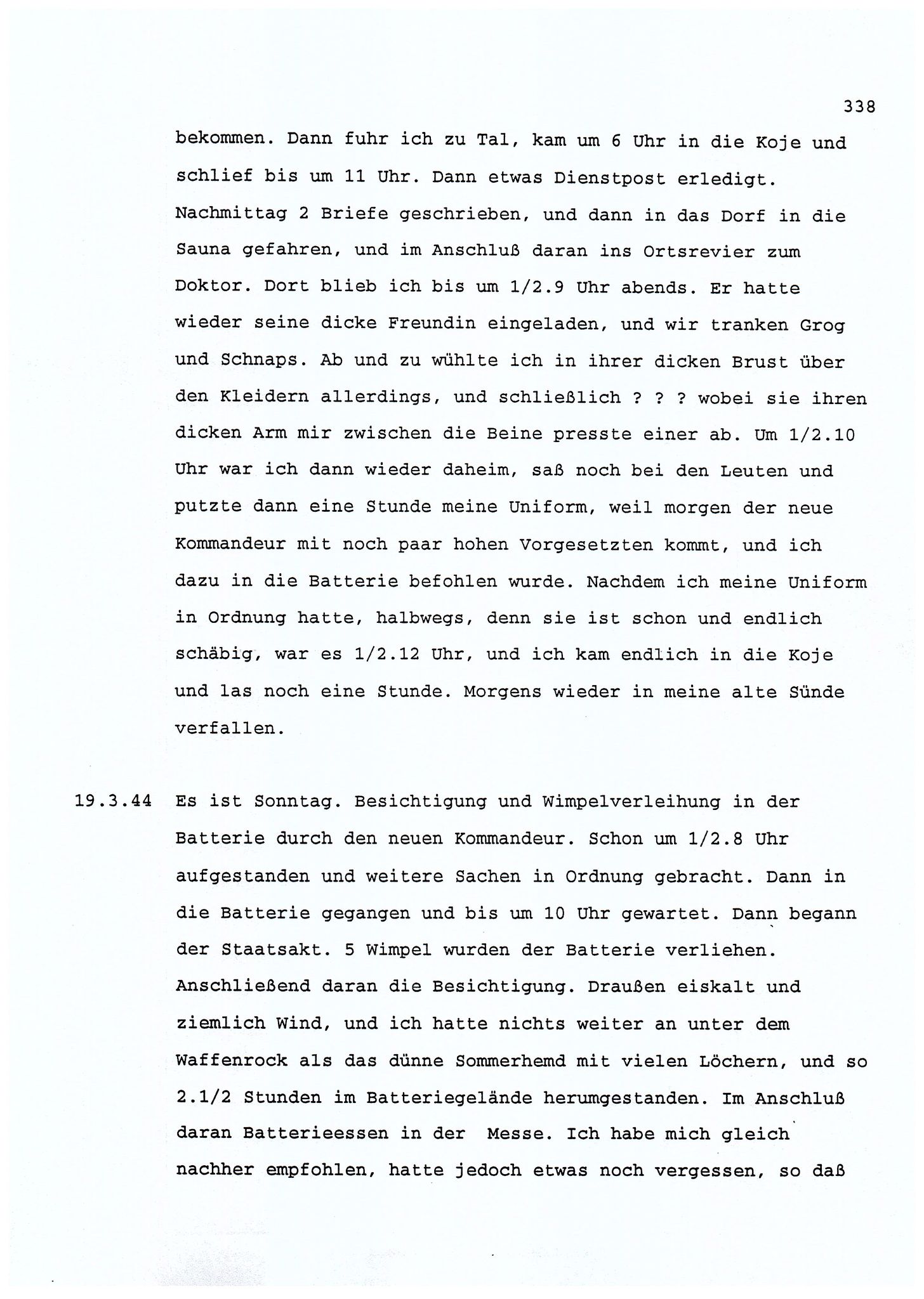 Dagbokopptegnelser av en tysk marineoffiser stasjonert i Norge , FMFB/A-1160/F/L0001: Dagbokopptegnelser av en tysk marineoffiser stasjonert i Norge, 1941-1944, s. 338