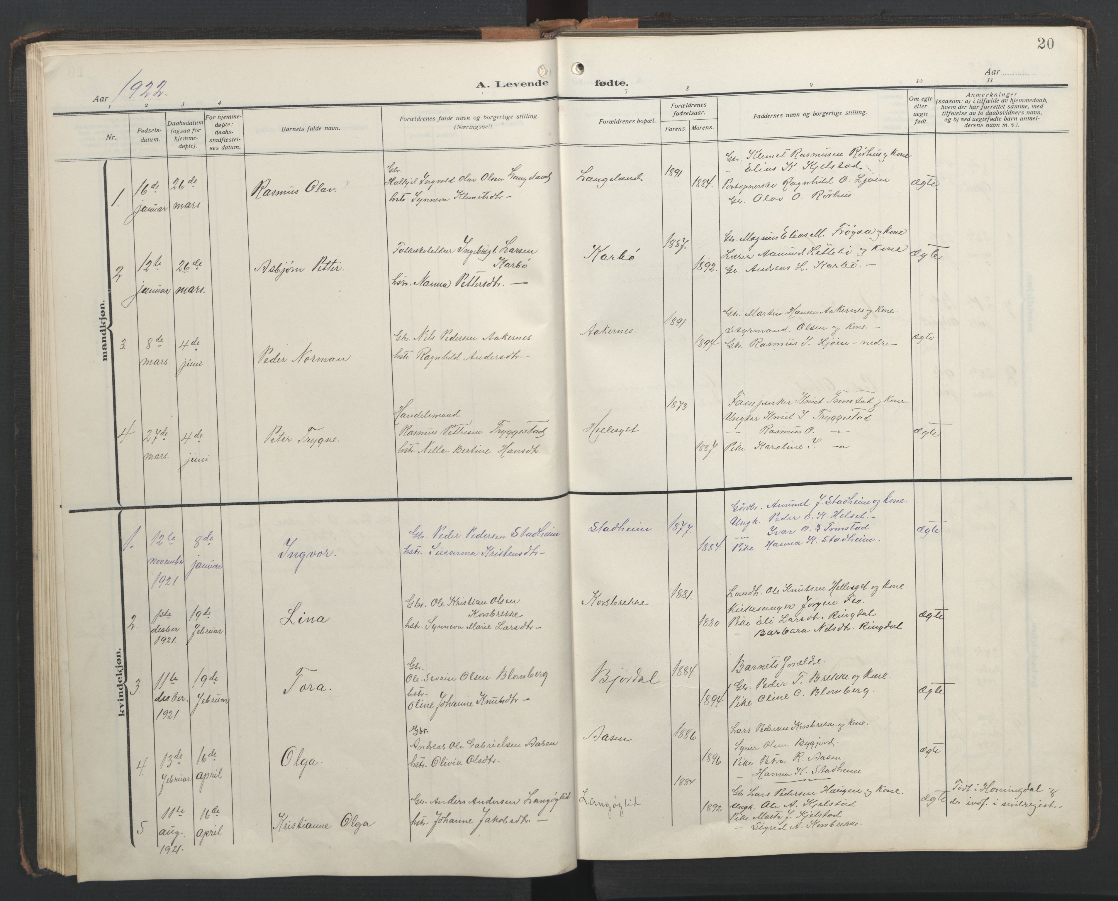 Ministerialprotokoller, klokkerbøker og fødselsregistre - Møre og Romsdal, AV/SAT-A-1454/517/L0232: Klokkerbok nr. 517C05, 1910-1946, s. 20