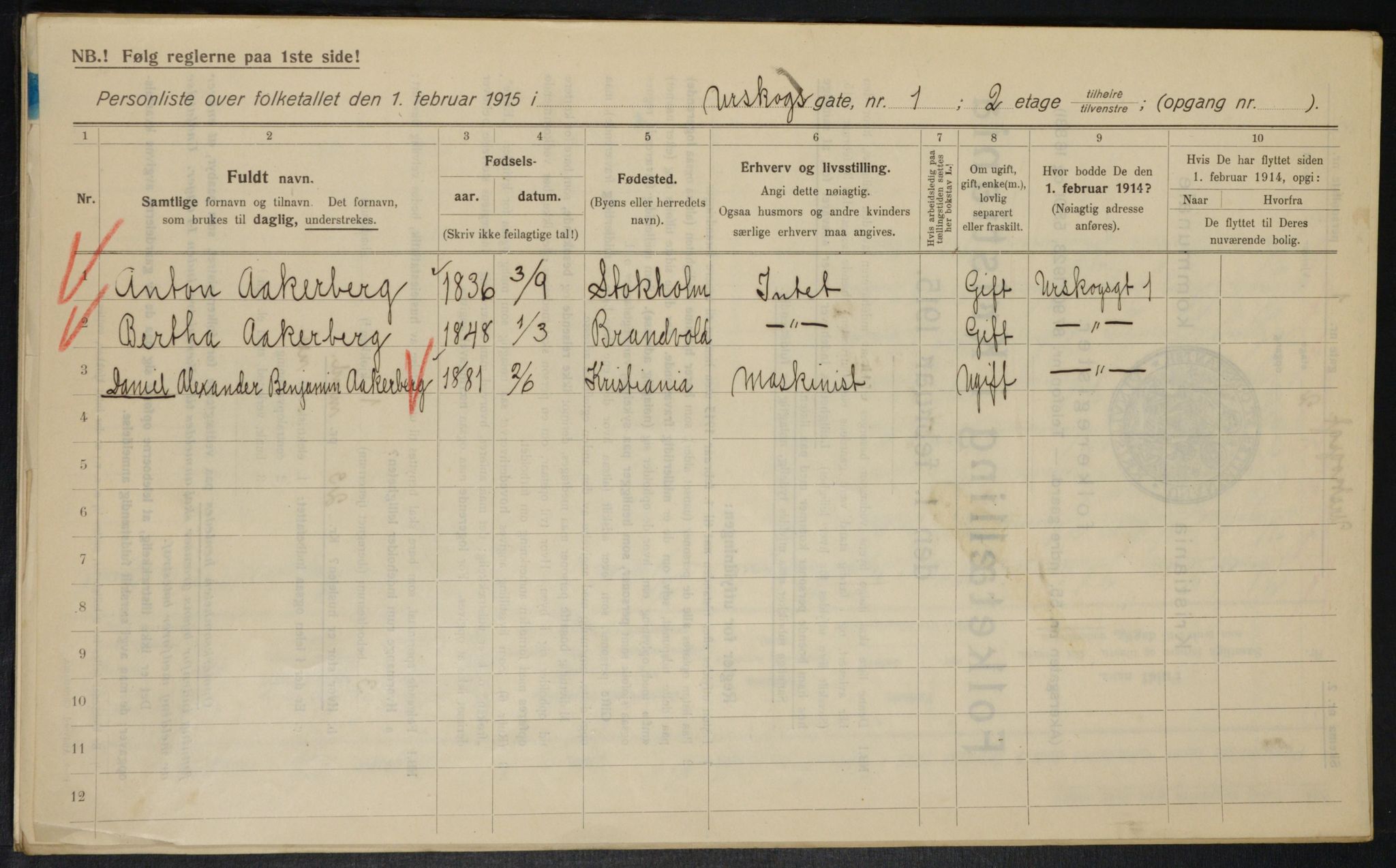 OBA, Kommunal folketelling 1.2.1915 for Kristiania, 1915, s. 2612