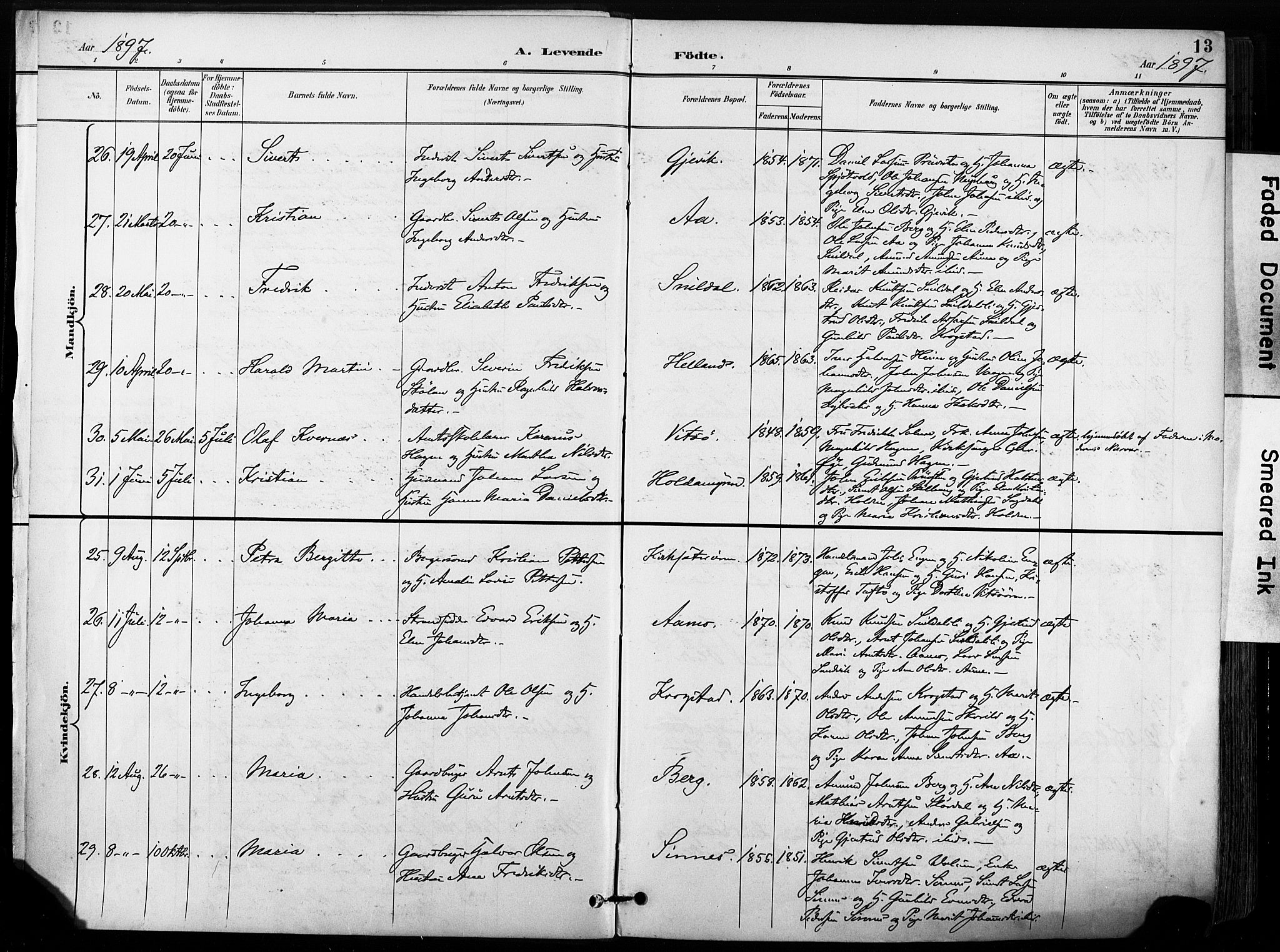 Ministerialprotokoller, klokkerbøker og fødselsregistre - Sør-Trøndelag, SAT/A-1456/630/L0497: Ministerialbok nr. 630A10, 1896-1910, s. 13