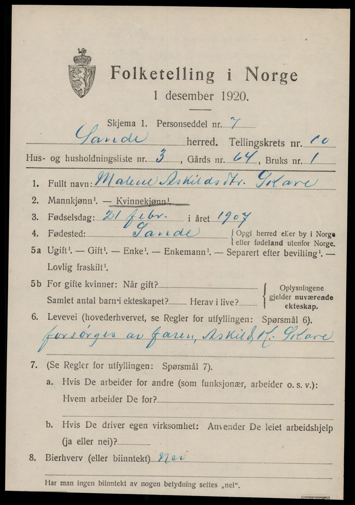 SAT, Folketelling 1920 for 1514 Sande herred, 1920, s. 5268