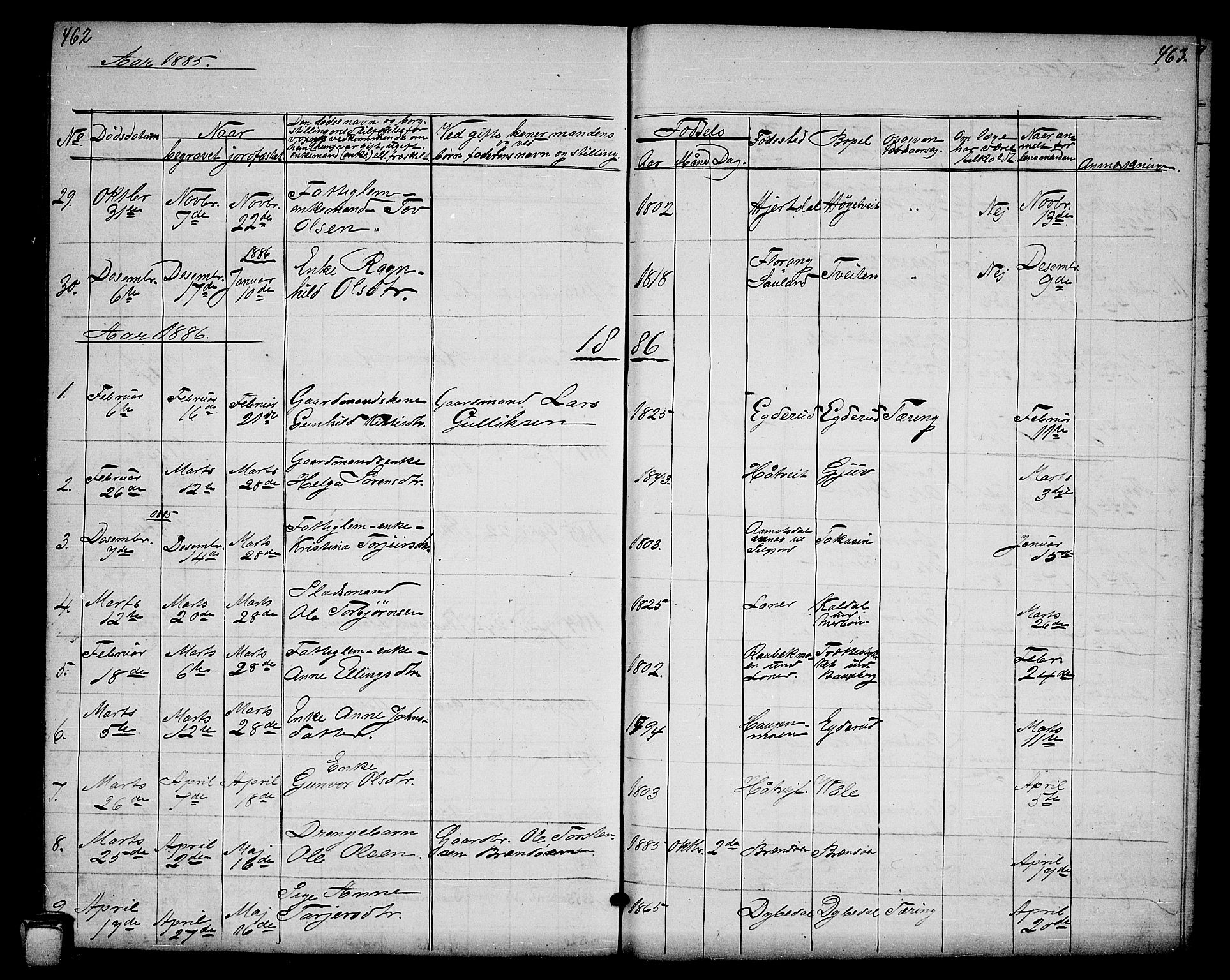 Hjartdal kirkebøker, AV/SAKO-A-270/G/Ga/L0002: Klokkerbok nr. I 2, 1854-1888, s. 462-463