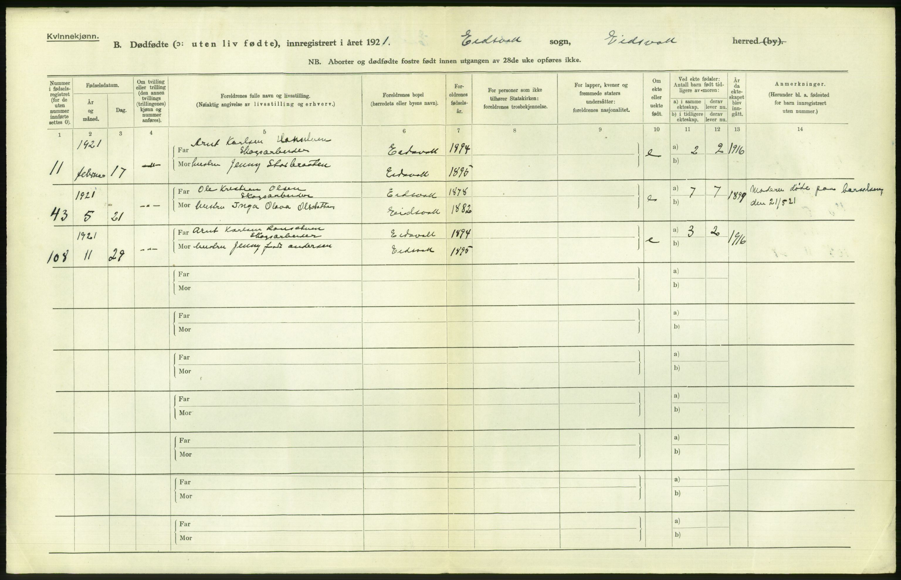 Statistisk sentralbyrå, Sosiodemografiske emner, Befolkning, RA/S-2228/D/Df/Dfc/Dfca/L0006: Akershus fylke: Gifte. dødfødte. Bygder og byer., 1921, s. 428