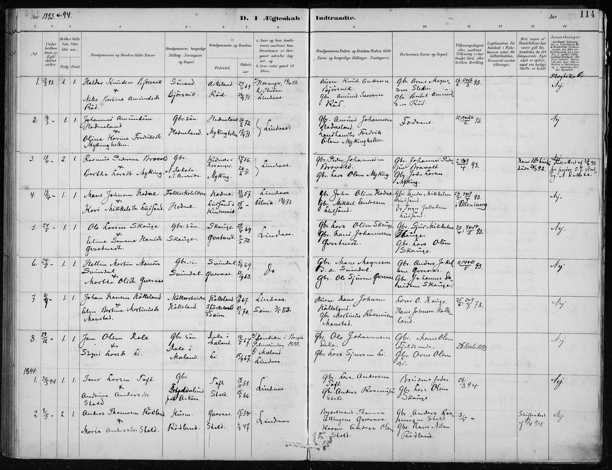 Lindås Sokneprestembete, AV/SAB-A-76701/H/Haa/Haaf/L0001: Ministerialbok nr. F  1, 1886-1897, s. 114