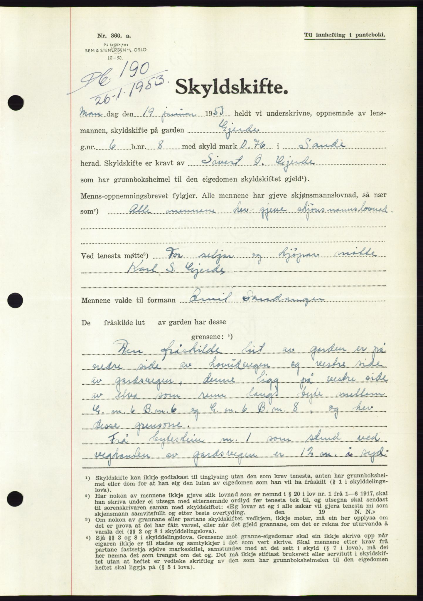 Søre Sunnmøre sorenskriveri, AV/SAT-A-4122/1/2/2C/L0094: Pantebok nr. 20A, 1953-1953, Dagboknr: 190/1953