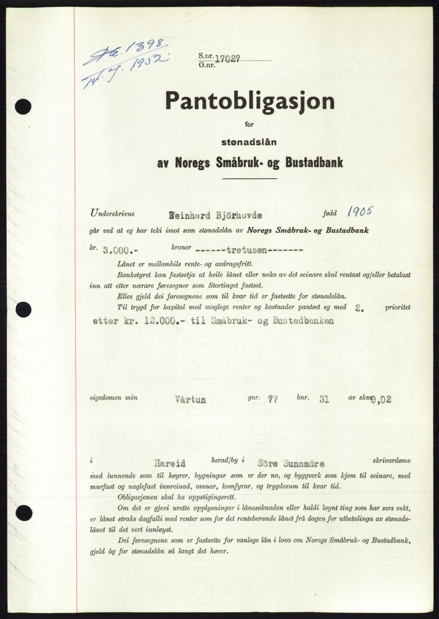 Søre Sunnmøre sorenskriveri, AV/SAT-A-4122/1/2/2C/L0121: Pantebok nr. 9B, 1951-1952, Dagboknr: 1398/1952