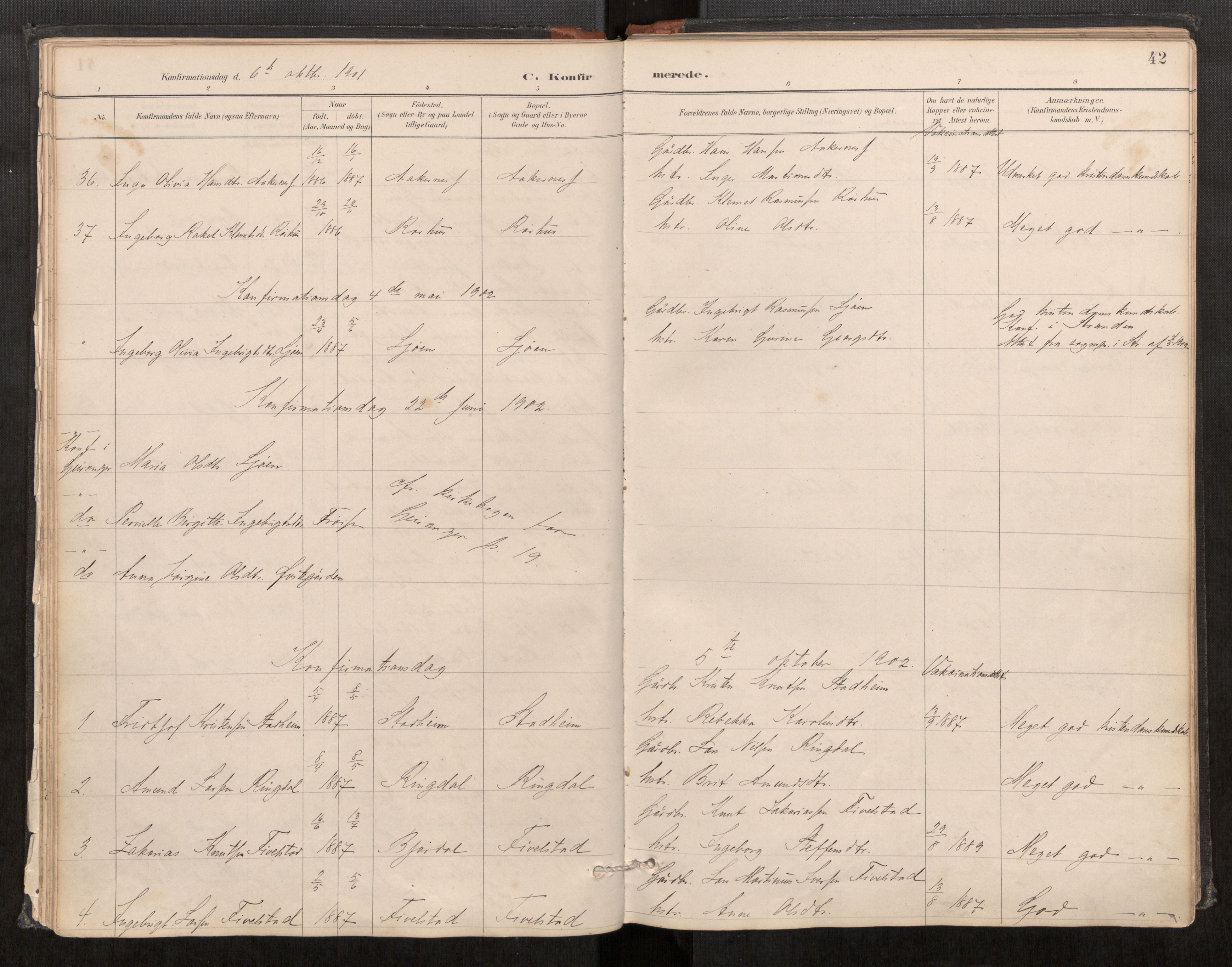 Sunnylven sokneprestkontor, AV/SAT-A-1007/H/Ha/Haa/L0003: Ministerialbok nr. 517A10, 1887-1915, s. 42