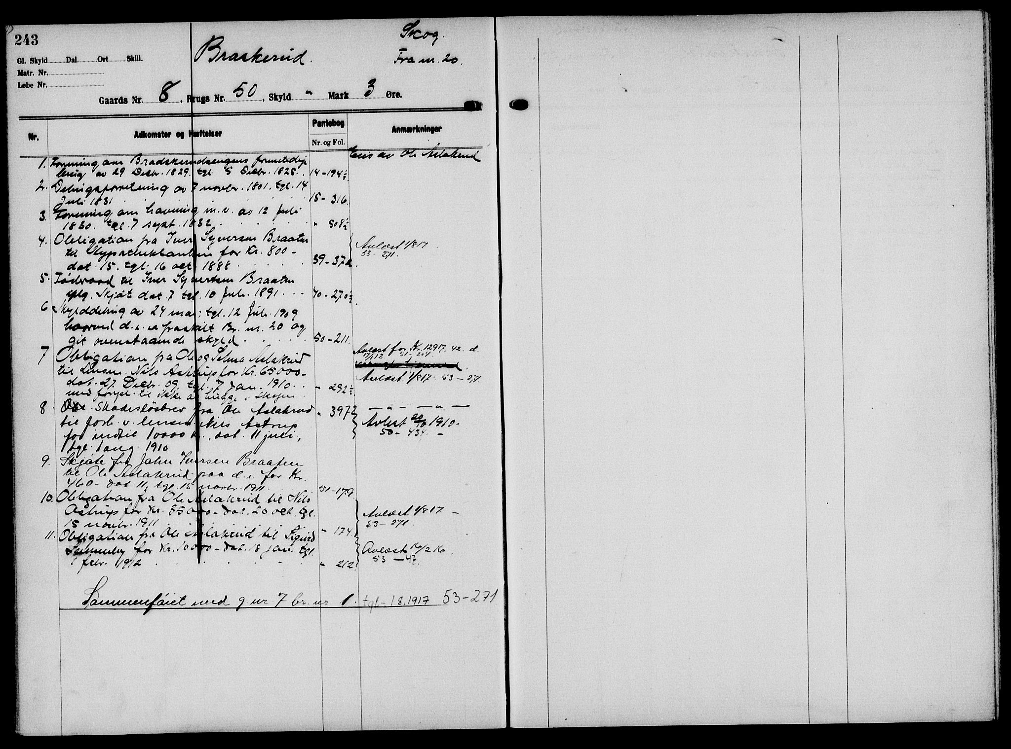 Solør tingrett, AV/SAH-TING-008/H/Ha/Hak/L0001: Panteregister nr. I, 1900-1935, s. 243