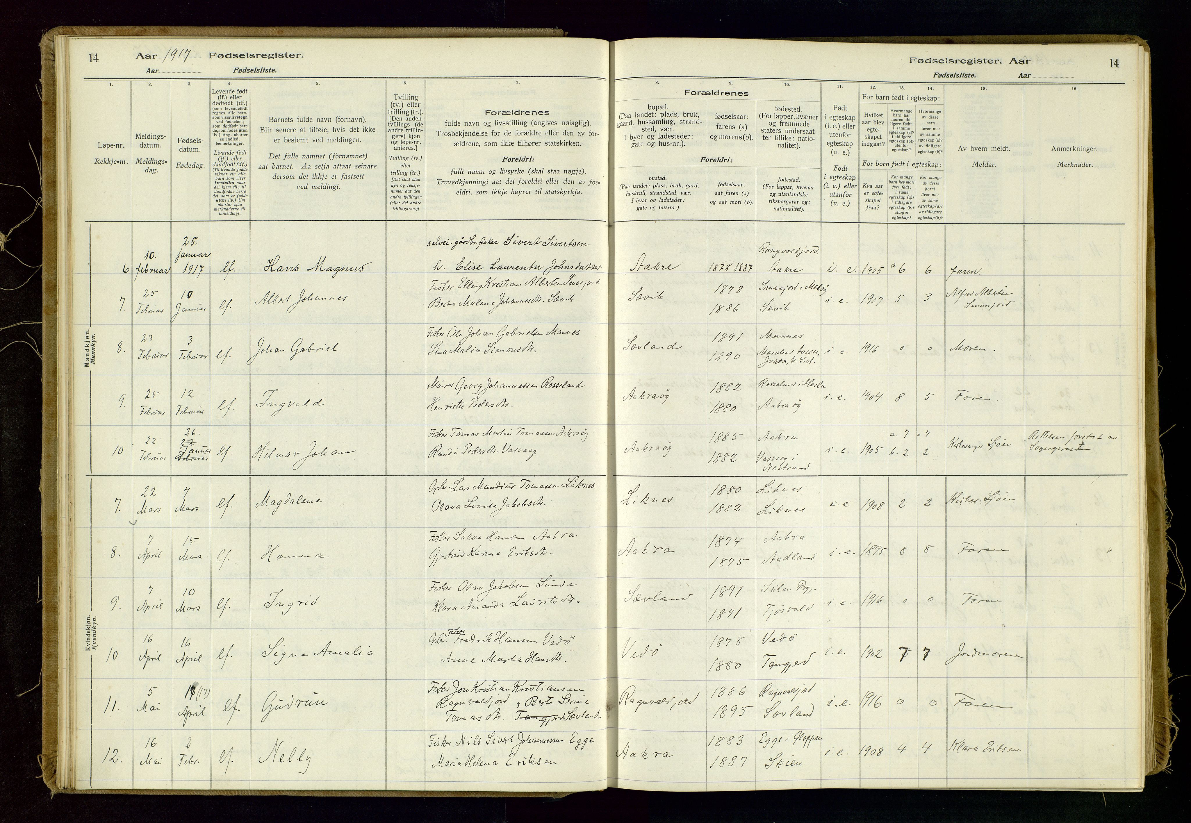 Kopervik sokneprestkontor, SAST/A-101850/I/Id/L0006: Fødselsregister nr. 6, 1916-1934, s. 14