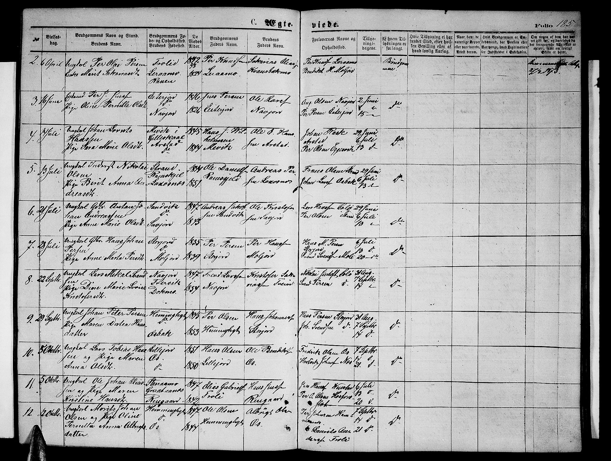 Ministerialprotokoller, klokkerbøker og fødselsregistre - Nordland, AV/SAT-A-1459/846/L0653: Klokkerbok nr. 846C03, 1872-1887, s. 185