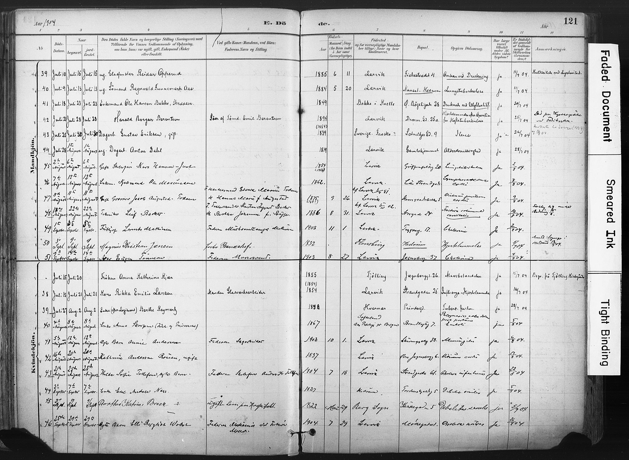 Larvik kirkebøker, SAKO/A-352/F/Fa/L0010: Ministerialbok nr. I 10, 1884-1910, s. 121