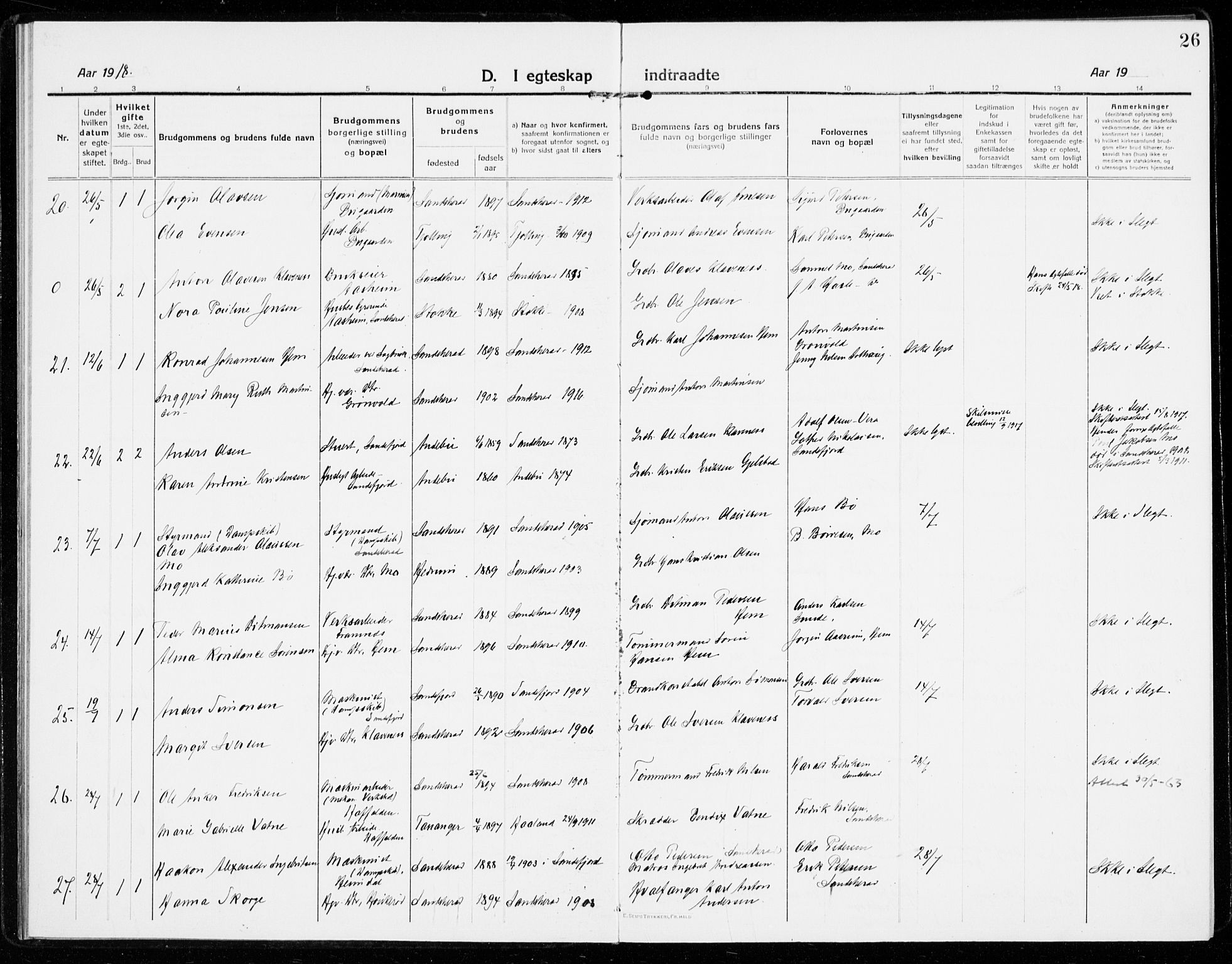 Sandar kirkebøker, AV/SAKO-A-243/F/Fa/L0020: Ministerialbok nr. 20, 1915-1919, s. 26
