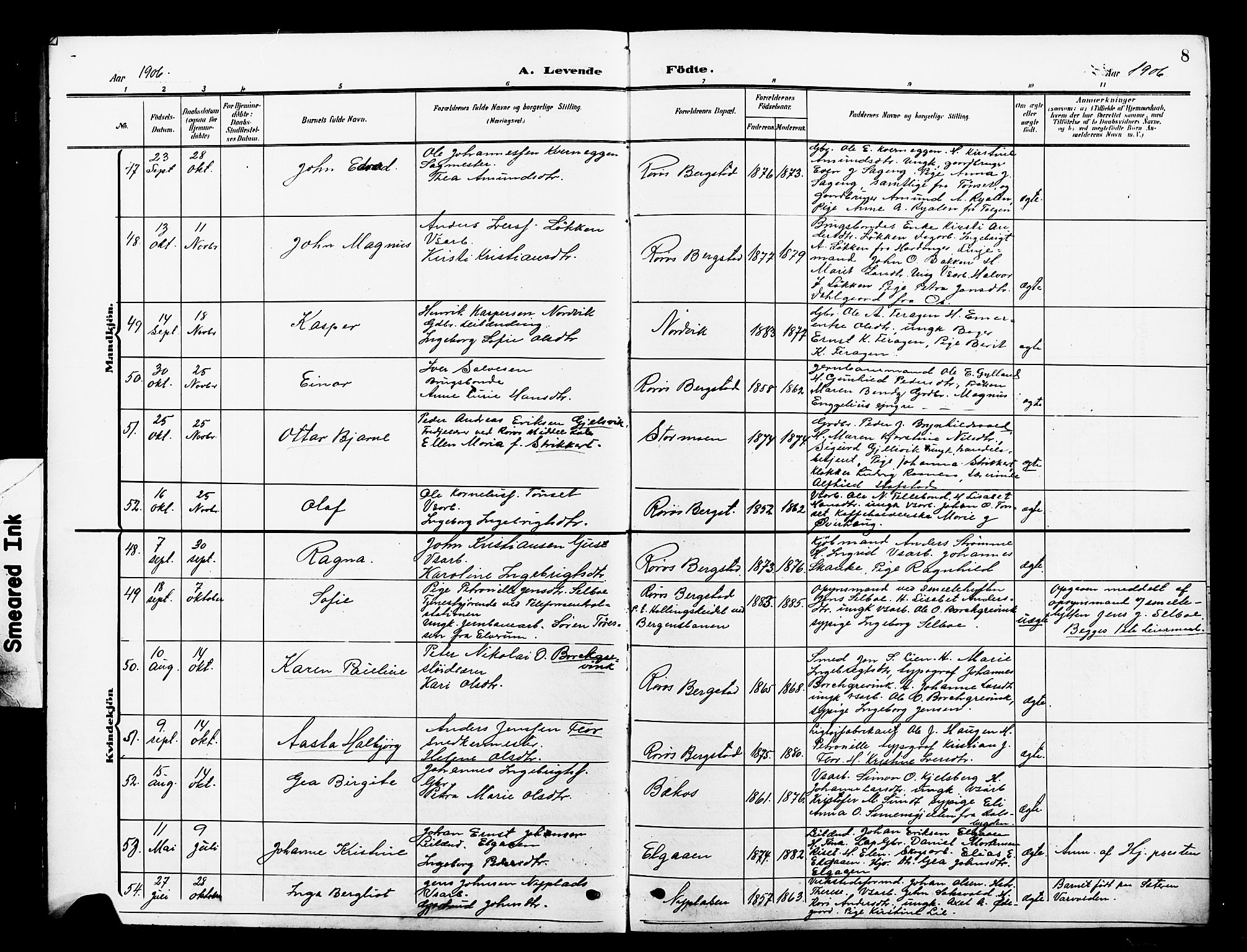 Ministerialprotokoller, klokkerbøker og fødselsregistre - Sør-Trøndelag, AV/SAT-A-1456/681/L0942: Klokkerbok nr. 681C06, 1906-1925, s. 8