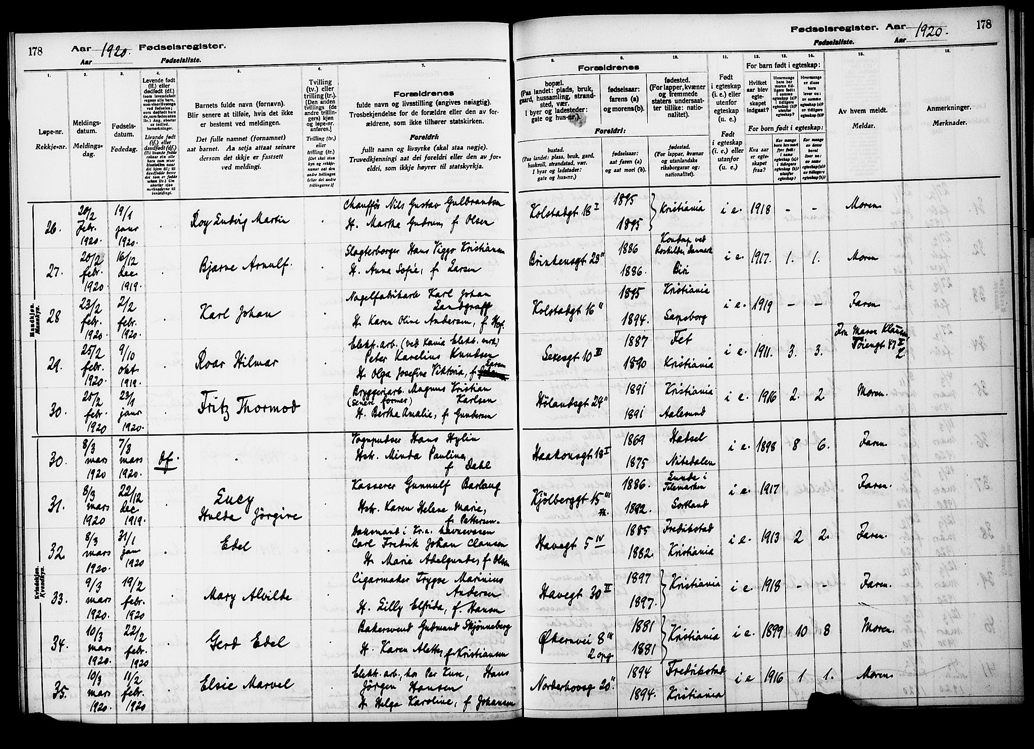 Kampen prestekontor Kirkebøker, AV/SAO-A-10853/J/Ja/L0001: Fødselsregister nr. 1, 1916-1920, s. 178