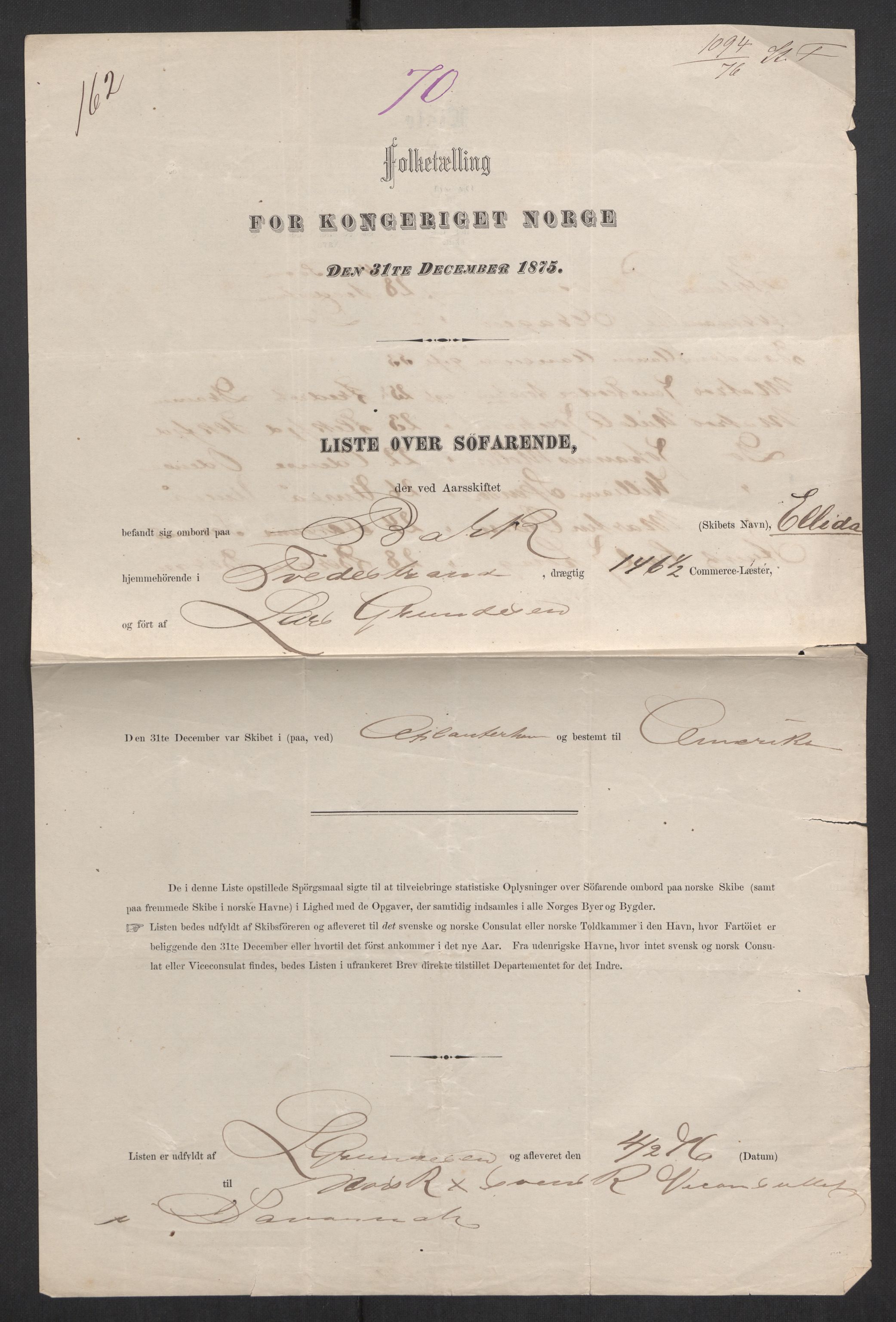 RA, Folketelling 1875, skipslister: Skip i utenrikske havner, hjemmehørende i byer og ladesteder, Fredrikshald - Arendal, 1875, s. 1088