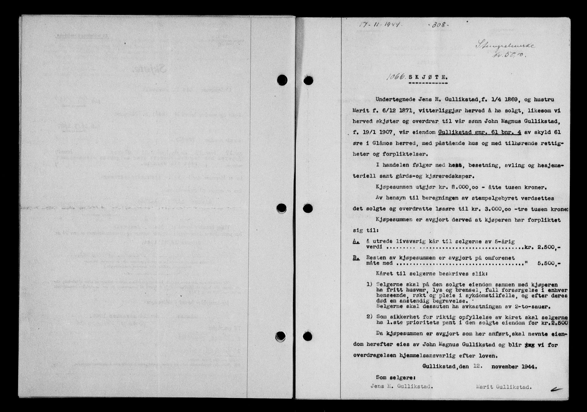 Gauldal sorenskriveri, SAT/A-0014/1/2/2C/L0058: Pantebok nr. 63, 1944-1945, Dagboknr: 1066/1944