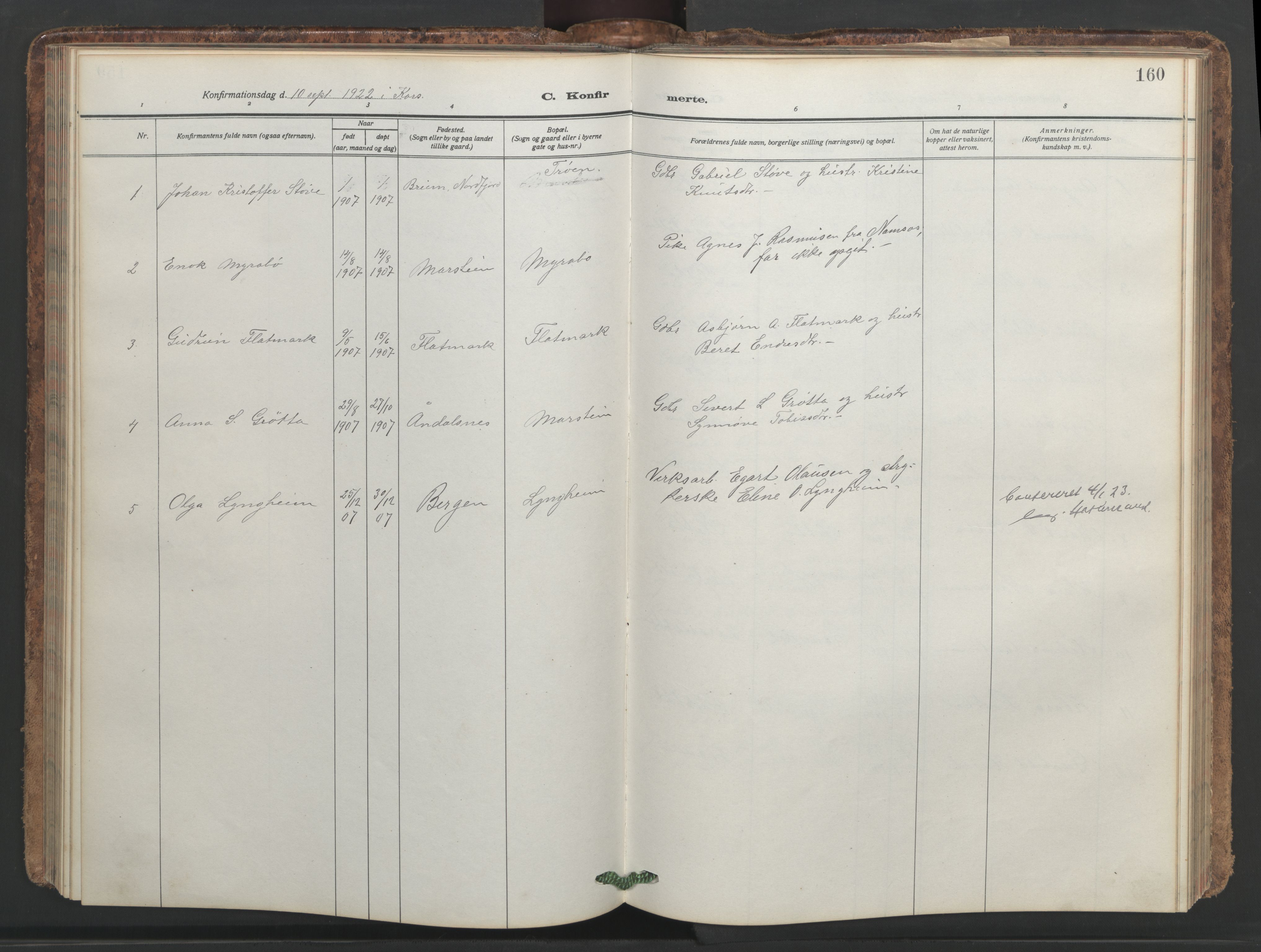 Ministerialprotokoller, klokkerbøker og fødselsregistre - Møre og Romsdal, SAT/A-1454/546/L0597: Klokkerbok nr. 546C03, 1921-1959, s. 160