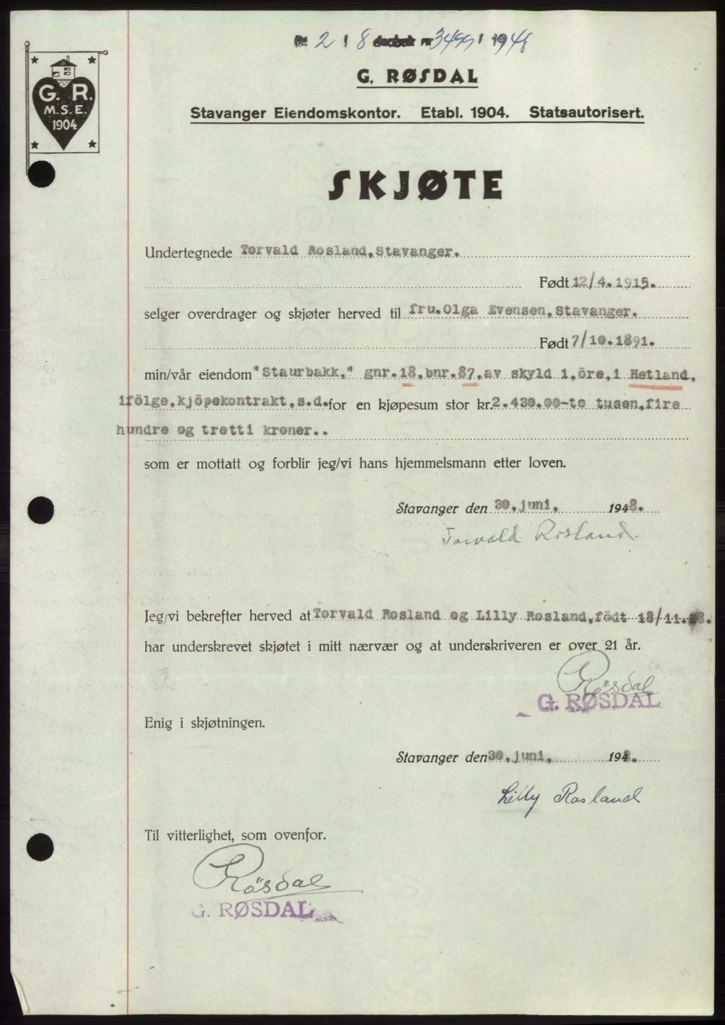 Jæren sorenskriveri, SAST/A-100310/03/G/Gba/L0099: Pantebok, 1948-1948, Dagboknr: 3499/1948