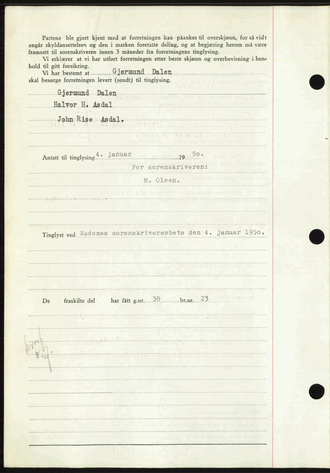 Nedenes sorenskriveri, AV/SAK-1221-0006/G/Gb/Gba/L0062: Pantebok nr. A14, 1949-1950, Dagboknr: 23/1950