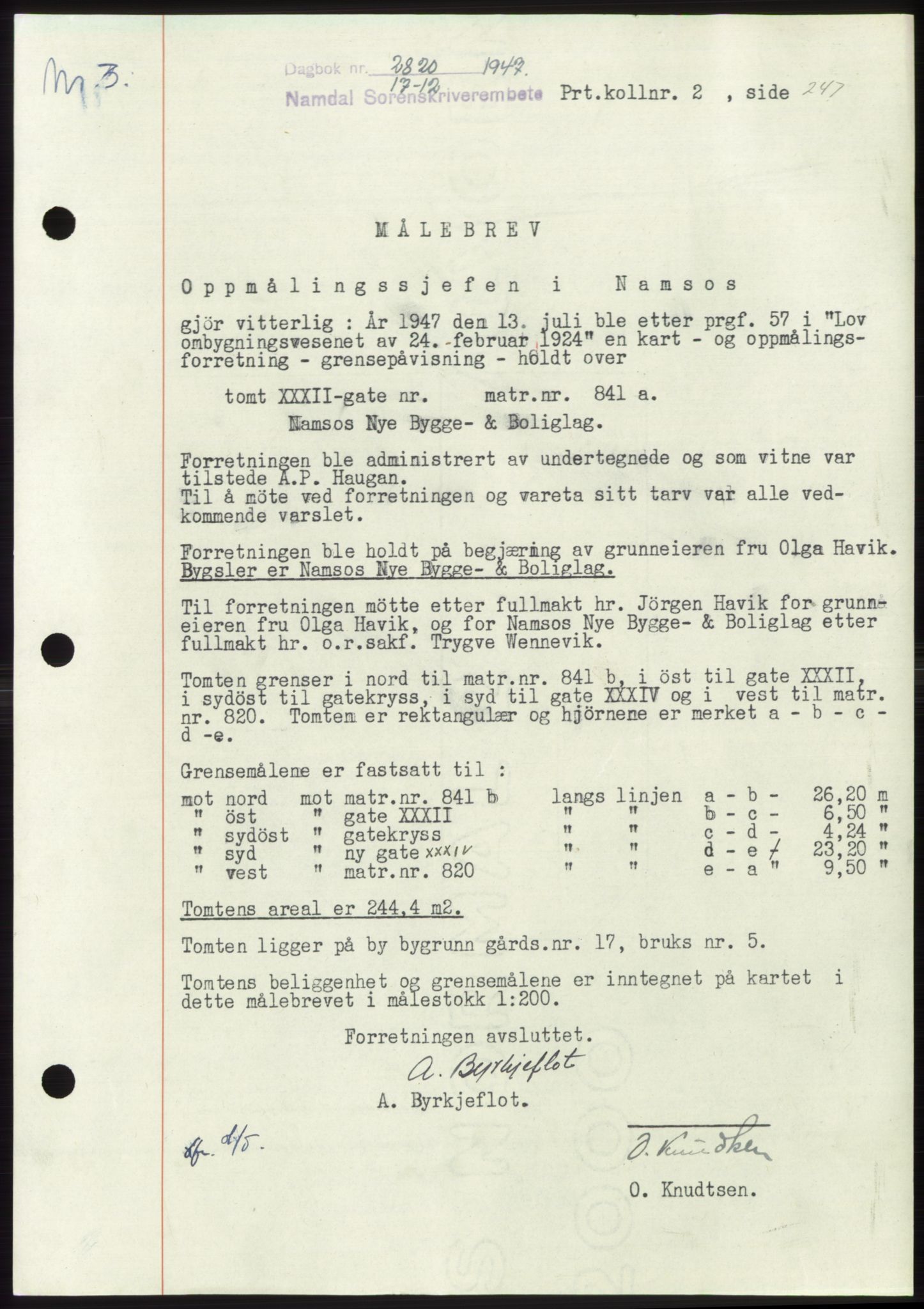 Namdal sorenskriveri, SAT/A-4133/1/2/2C: Pantebok nr. -, 1947-1948, Dagboknr: 2820/1947