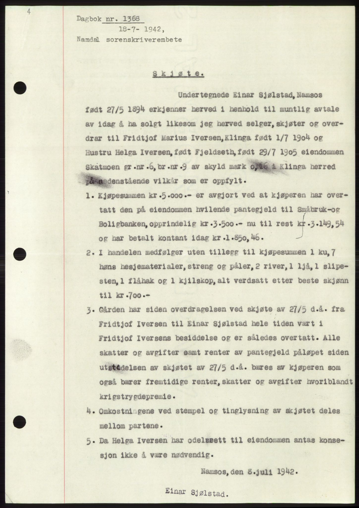 Namdal sorenskriveri, SAT/A-4133/1/2/2C: Pantebok nr. -, 1942-1943, Dagboknr: 1368/1942