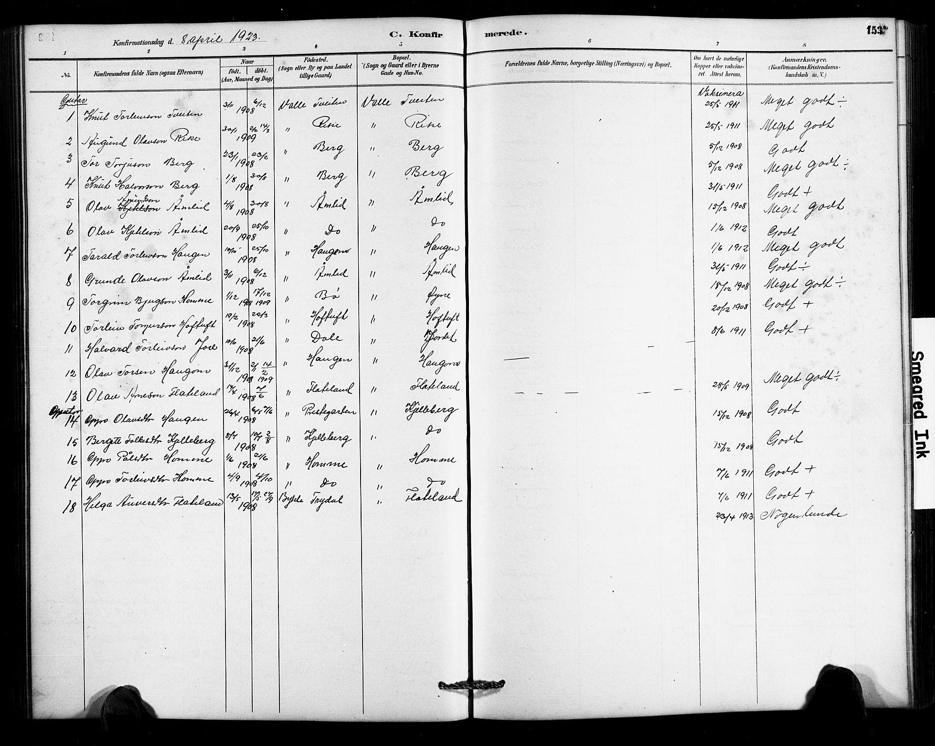 Valle sokneprestkontor, AV/SAK-1111-0044/F/Fb/Fbc/L0004: Klokkerbok nr. B 4, 1890-1928, s. 153