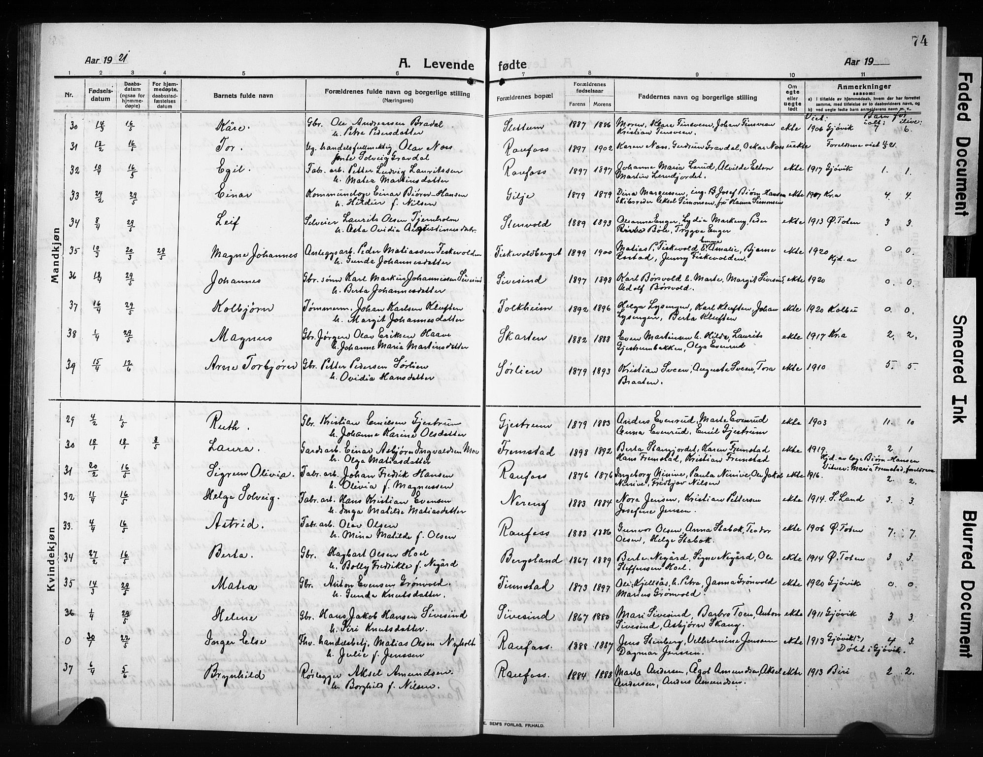 Vestre Toten prestekontor, AV/SAH-PREST-108/H/Ha/Hab/L0012: Klokkerbok nr. 12, 1909-1928, s. 74
