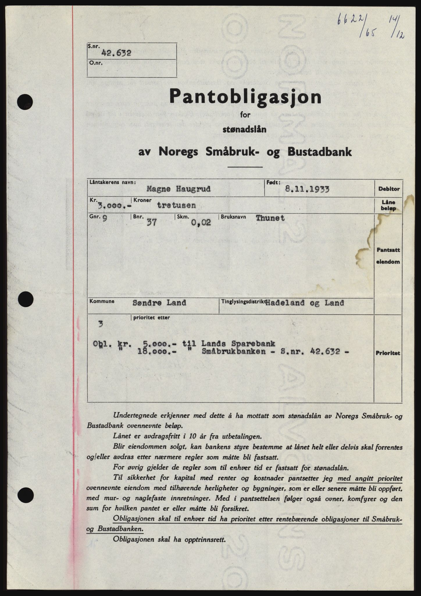 Hadeland og Land tingrett, SAH/TING-010/H/Hb/Hbc/L0061: Pantebok nr. B61, 1965-1966, Dagboknr: 6622/1965