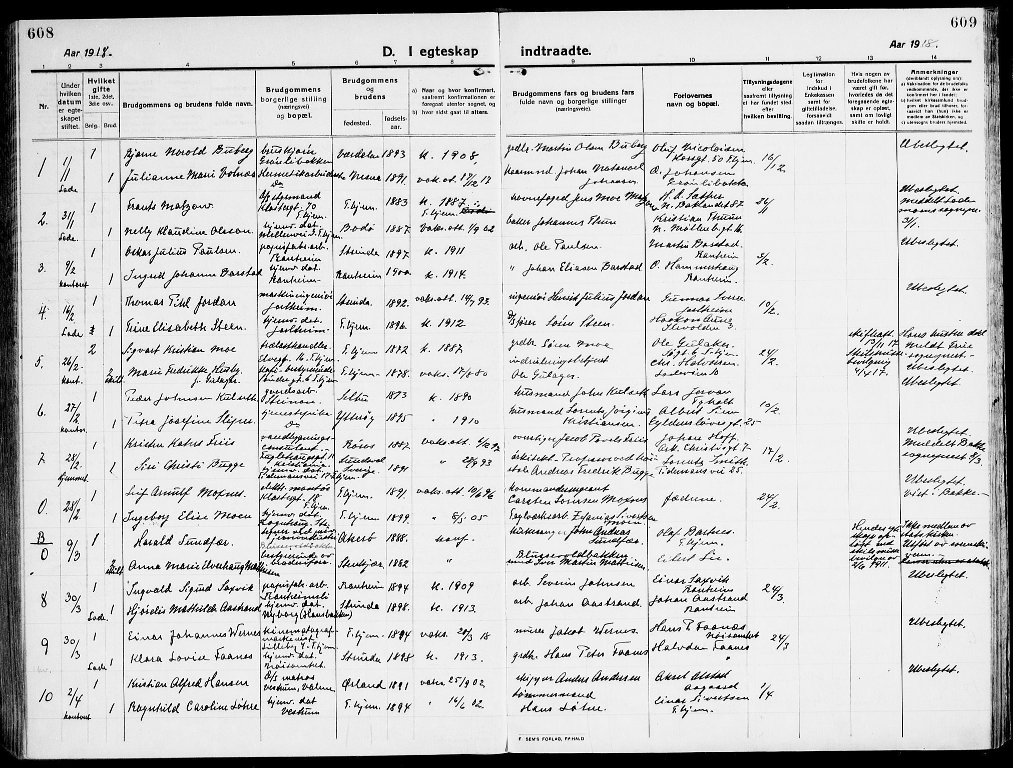 Ministerialprotokoller, klokkerbøker og fødselsregistre - Sør-Trøndelag, SAT/A-1456/607/L0321: Ministerialbok nr. 607A05, 1916-1935, s. 608-609