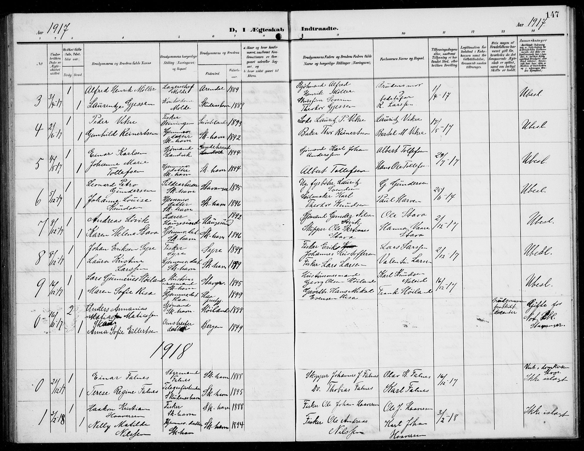 Skudenes sokneprestkontor, AV/SAST-A -101849/H/Ha/Hab/L0010: Klokkerbok nr. B 10, 1908-1936, s. 147