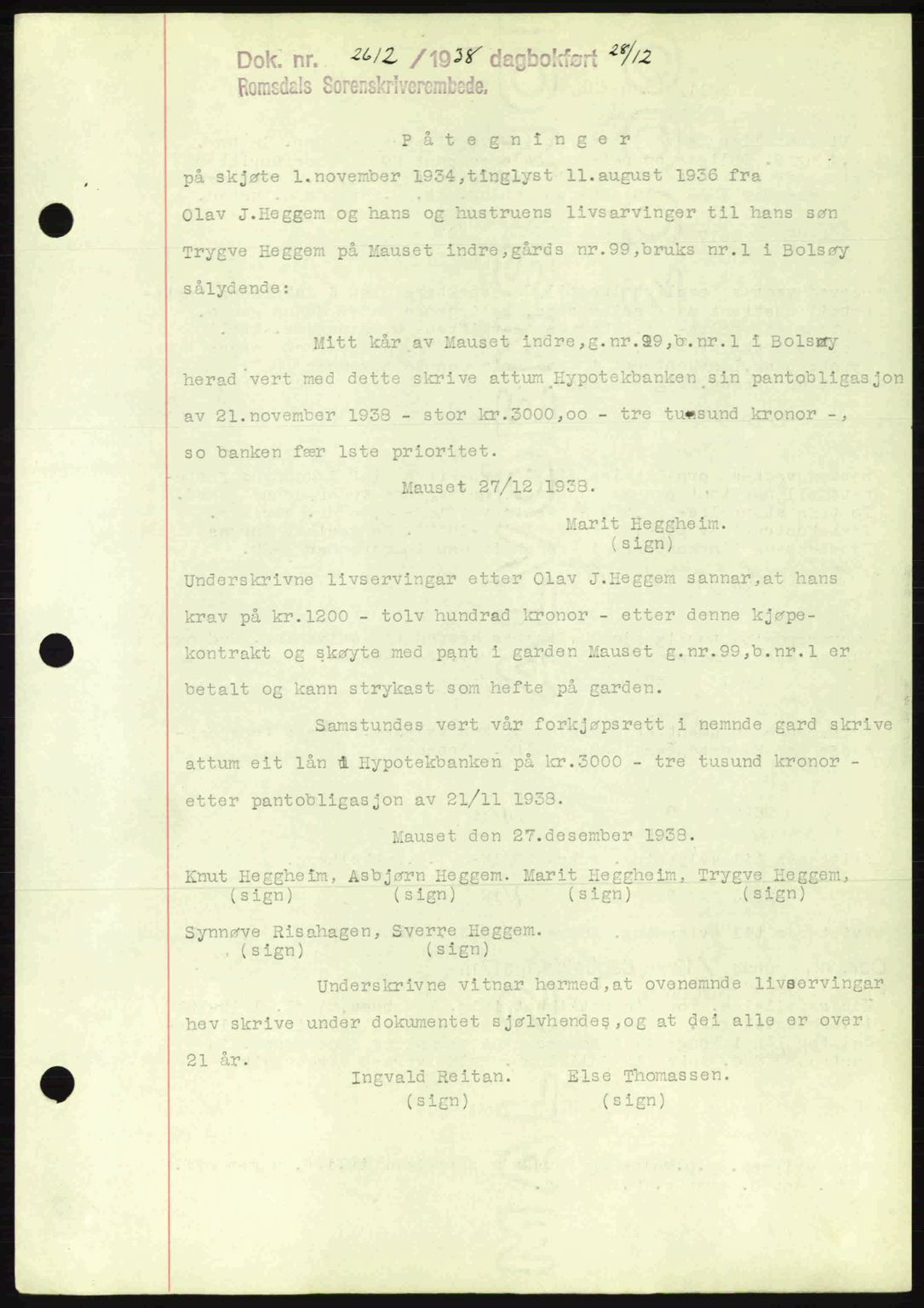 Romsdal sorenskriveri, AV/SAT-A-4149/1/2/2C: Pantebok nr. C1a, 1936-1945, Dagboknr: 2612/1938