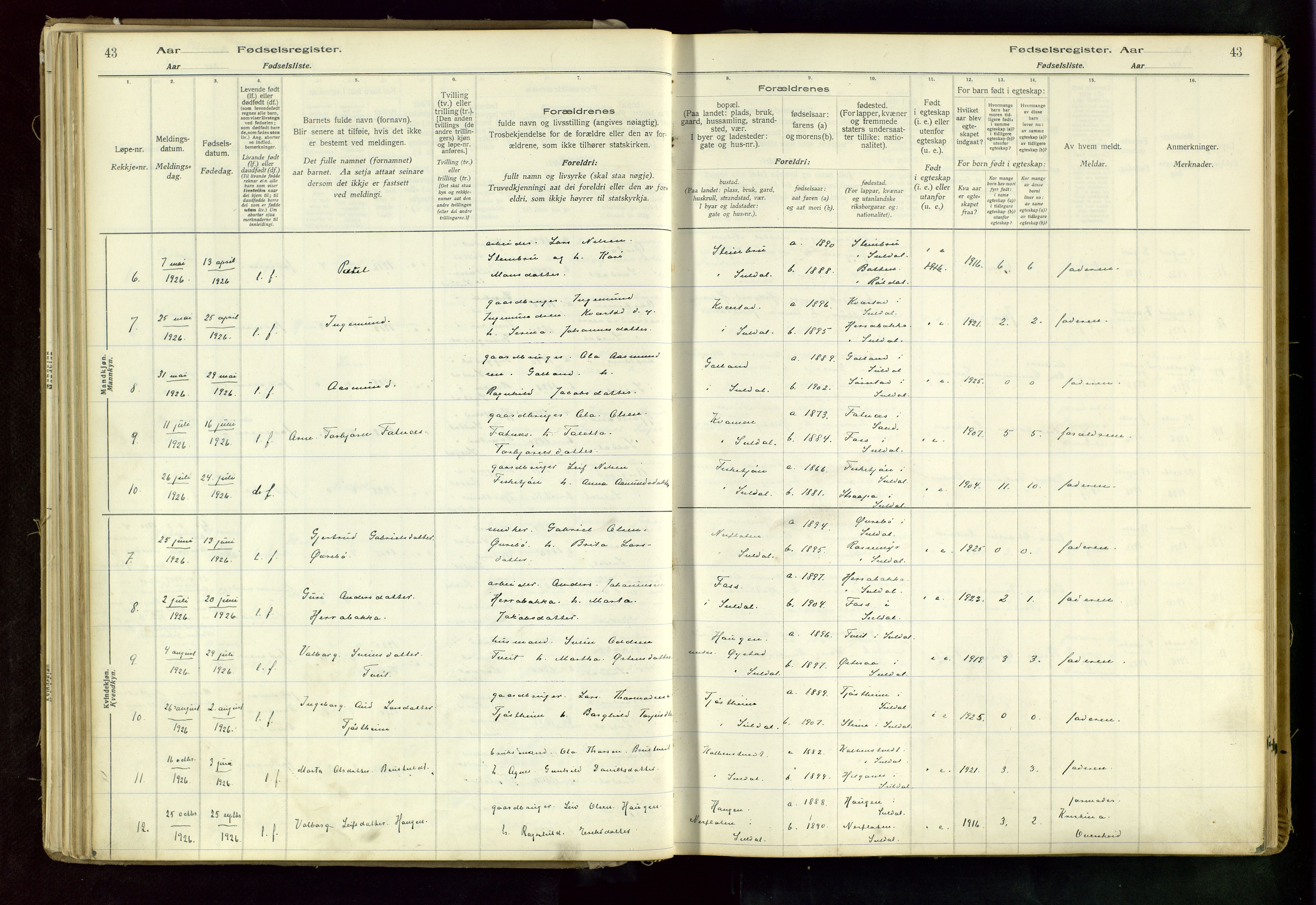 Suldal sokneprestkontor, AV/SAST-A-101845/03/A/L0002: Fødselsregister nr. 2, 1916-1982, s. 43