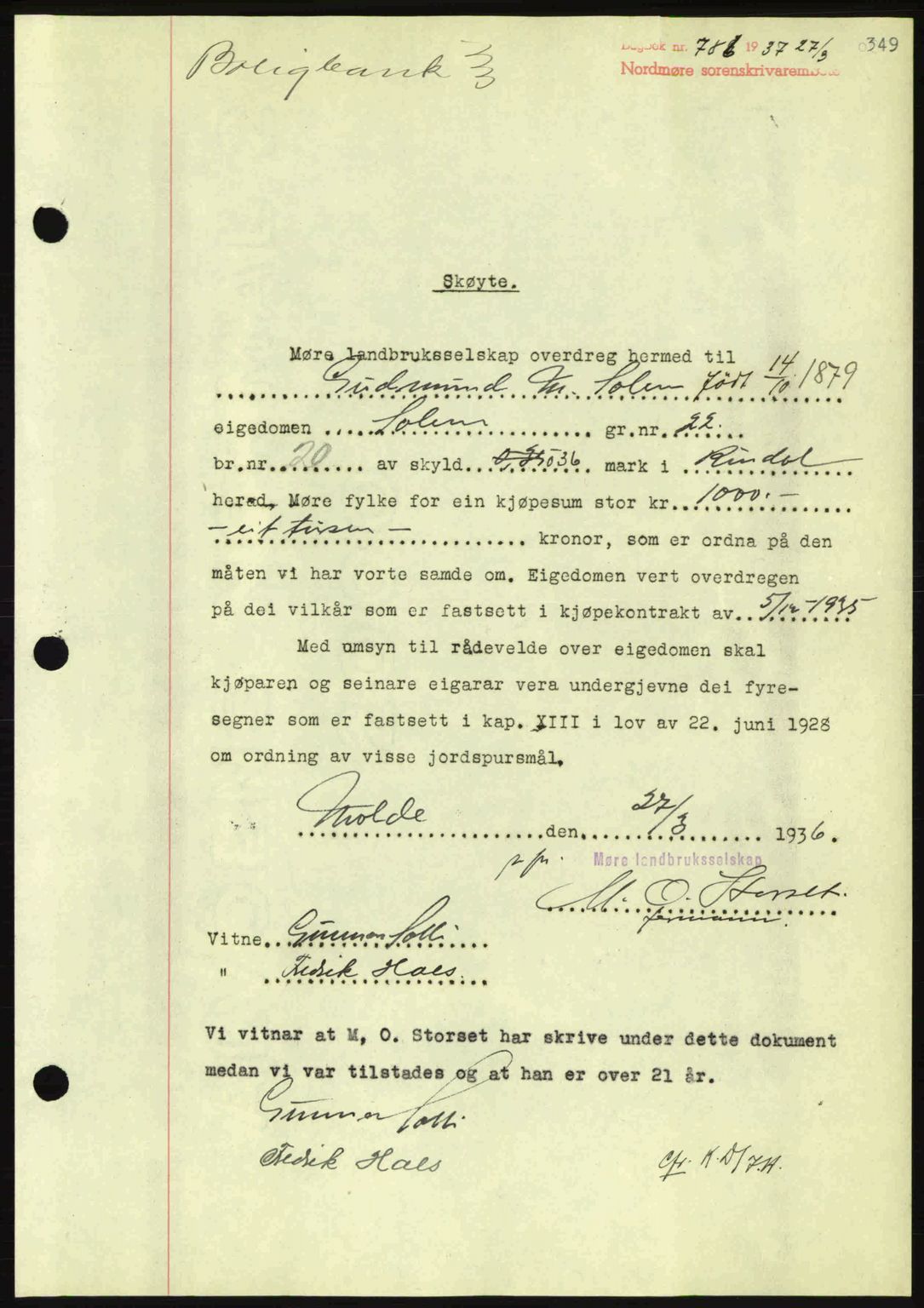 Nordmøre sorenskriveri, SAT/A-4132/1/2/2Ca: Pantebok nr. A81, 1937-1937, Dagboknr: 786/1937