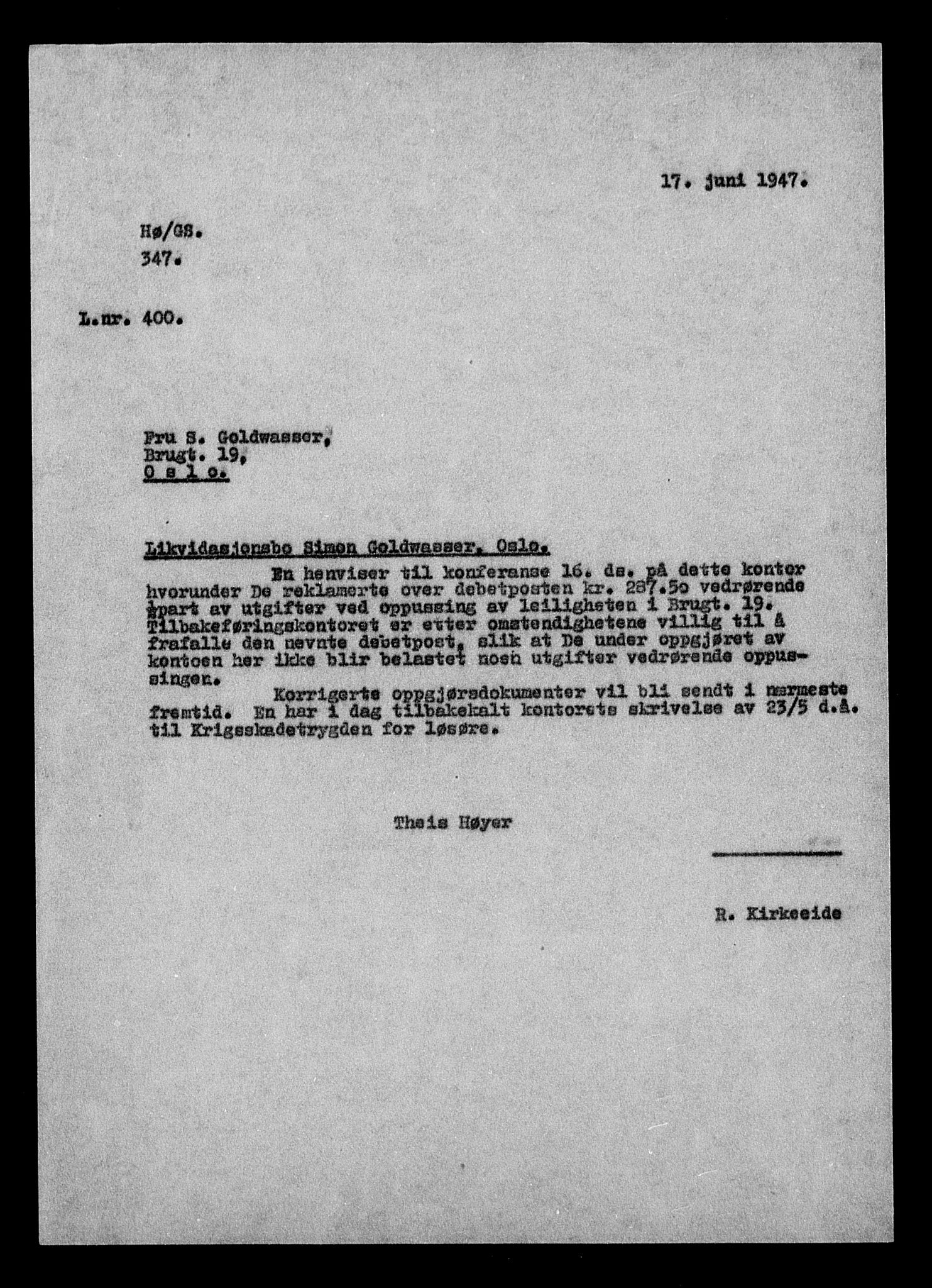 Justisdepartementet, Tilbakeføringskontoret for inndratte formuer, AV/RA-S-1564/H/Hc/Hcc/L0940: --, 1945-1947, s. 6