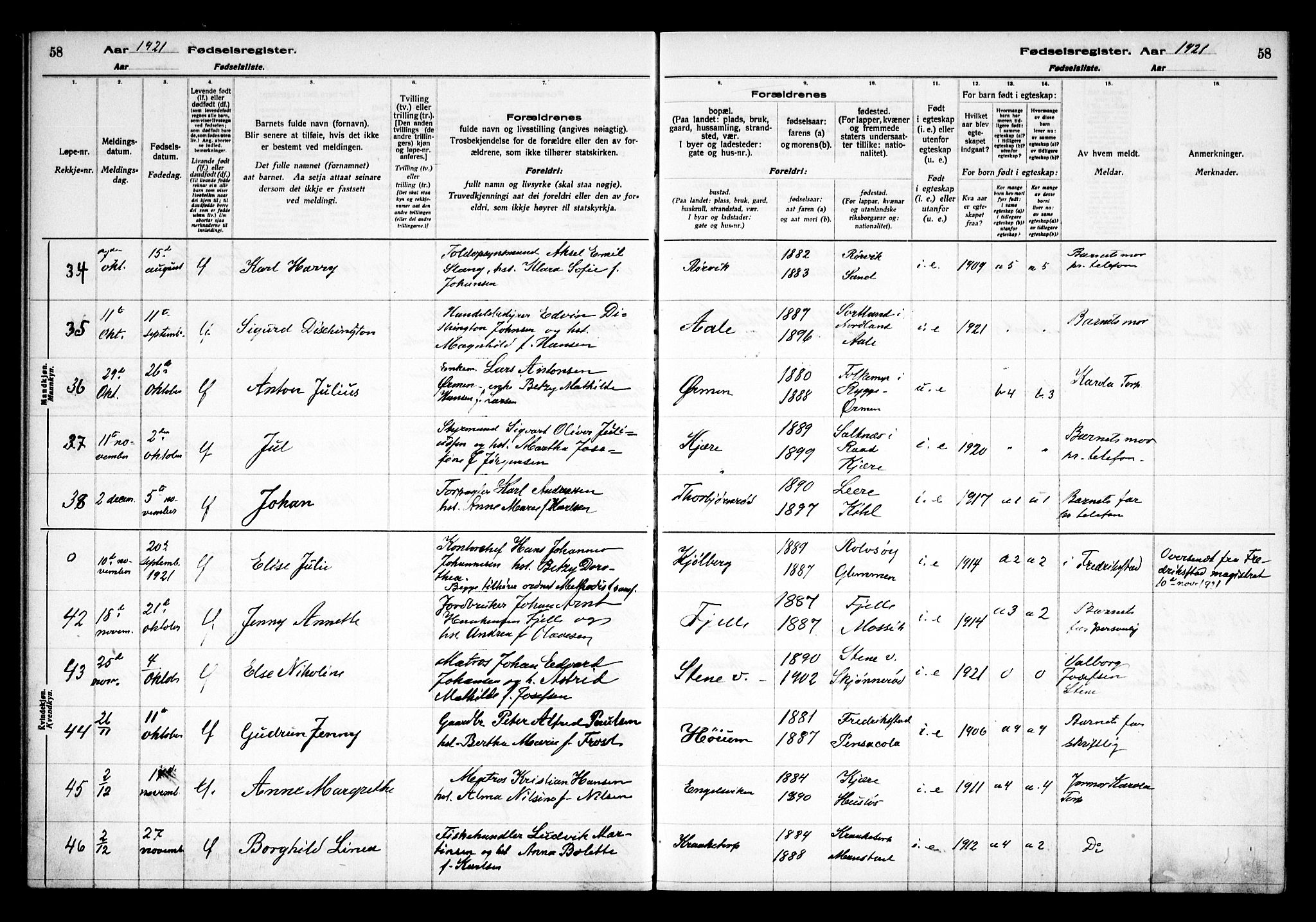 Onsøy prestekontor Kirkebøker, AV/SAO-A-10914/J/Ja/L0001: Fødselsregister nr. I 1, 1916-1937, s. 58