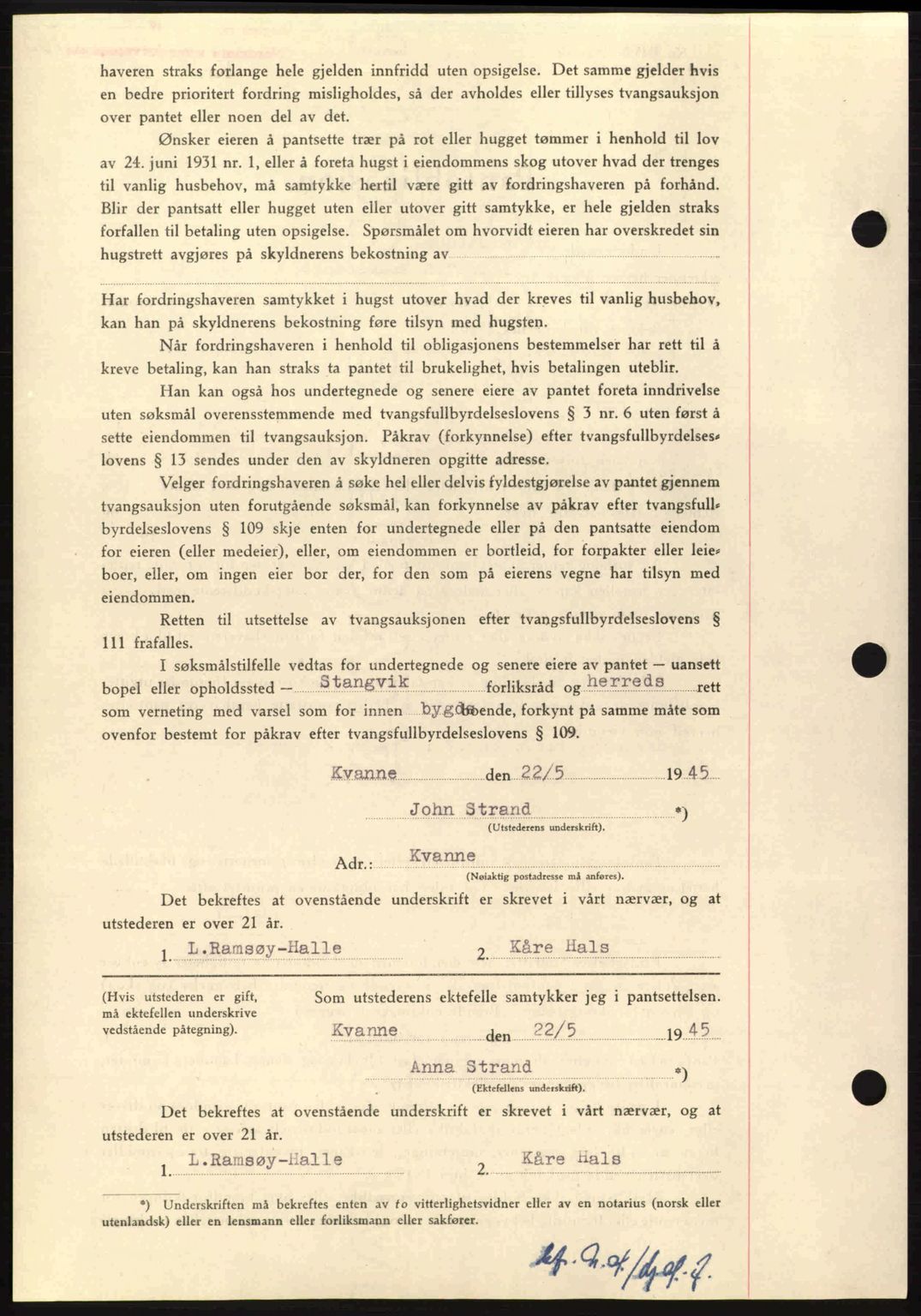 Nordmøre sorenskriveri, AV/SAT-A-4132/1/2/2Ca: Pantebok nr. B92, 1944-1945, Dagboknr: 784/1945