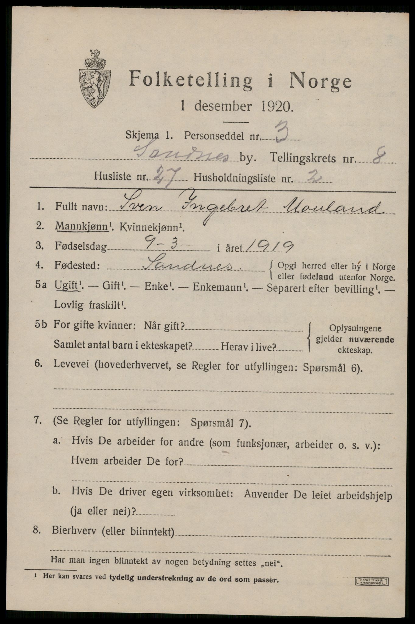 SAST, Folketelling 1920 for 1102 Sandnes ladested, 1920, s. 6176