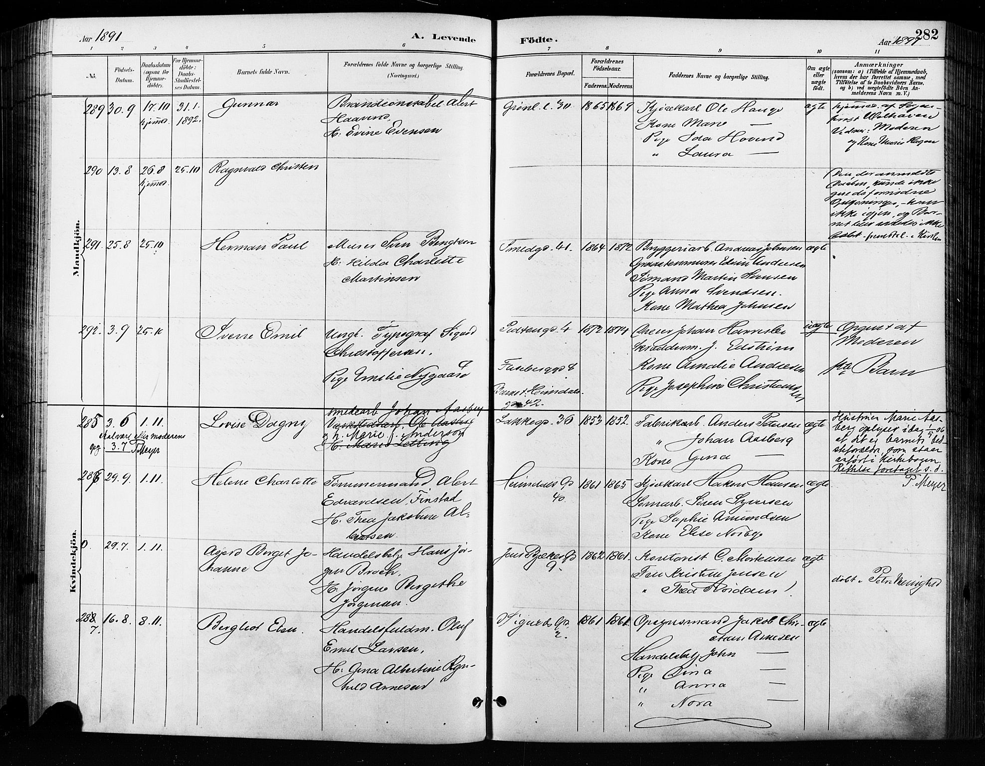 Grønland prestekontor Kirkebøker, AV/SAO-A-10848/F/Fa/L0009: Ministerialbok nr. 9, 1888-1893, s. 282