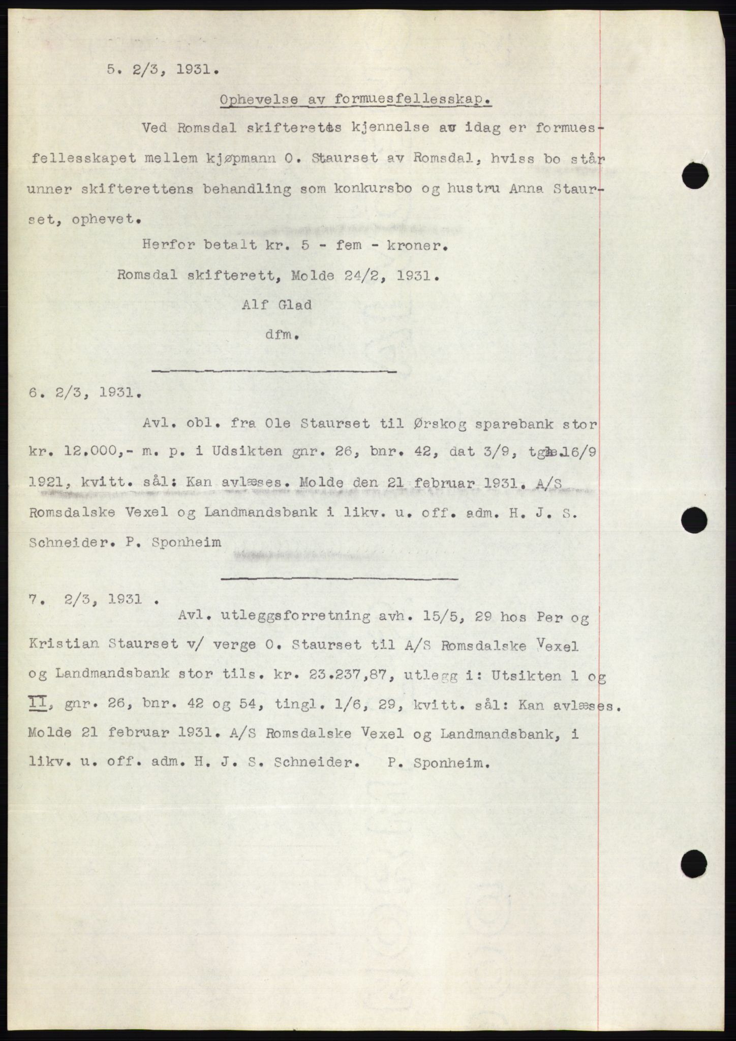 Romsdal sorenskriveri, AV/SAT-A-4149/1/2/2C/L0059: Pantebok nr. 53, 1931-1931, Tingl.dato: 16.02.1931