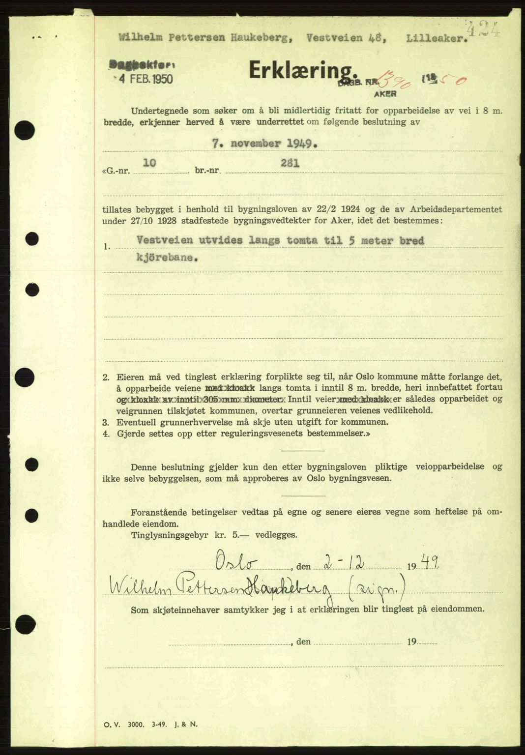 Oslo byskriverembete, AV/SAO-A-10227/G/Gb/Gbd/Gbda/L0017: Pantebok nr. A215, 1949-1950, Dagboknr: 1390/1950