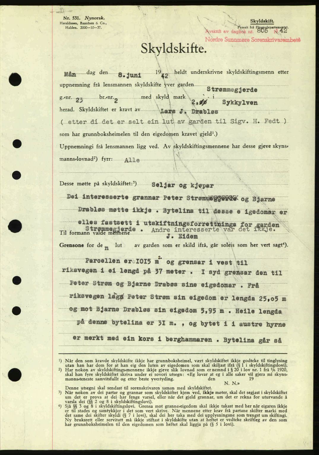 Nordre Sunnmøre sorenskriveri, SAT/A-0006/1/2/2C/2Ca: Pantebok nr. A13, 1942-1942, Dagboknr: 805/1942