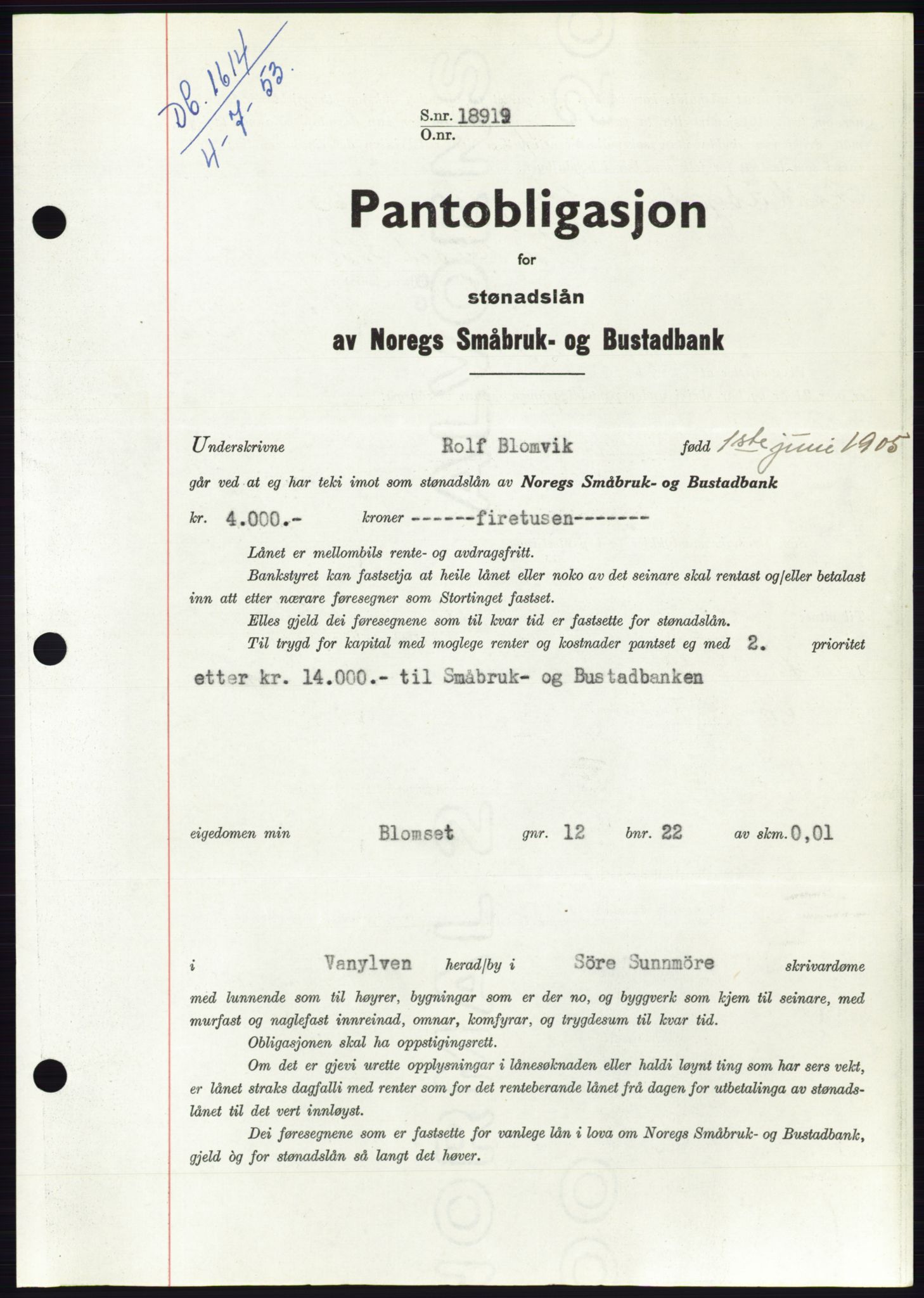 Søre Sunnmøre sorenskriveri, SAT/A-4122/1/2/2C/L0123: Pantebok nr. 11B, 1953-1953, Dagboknr: 1614/1953