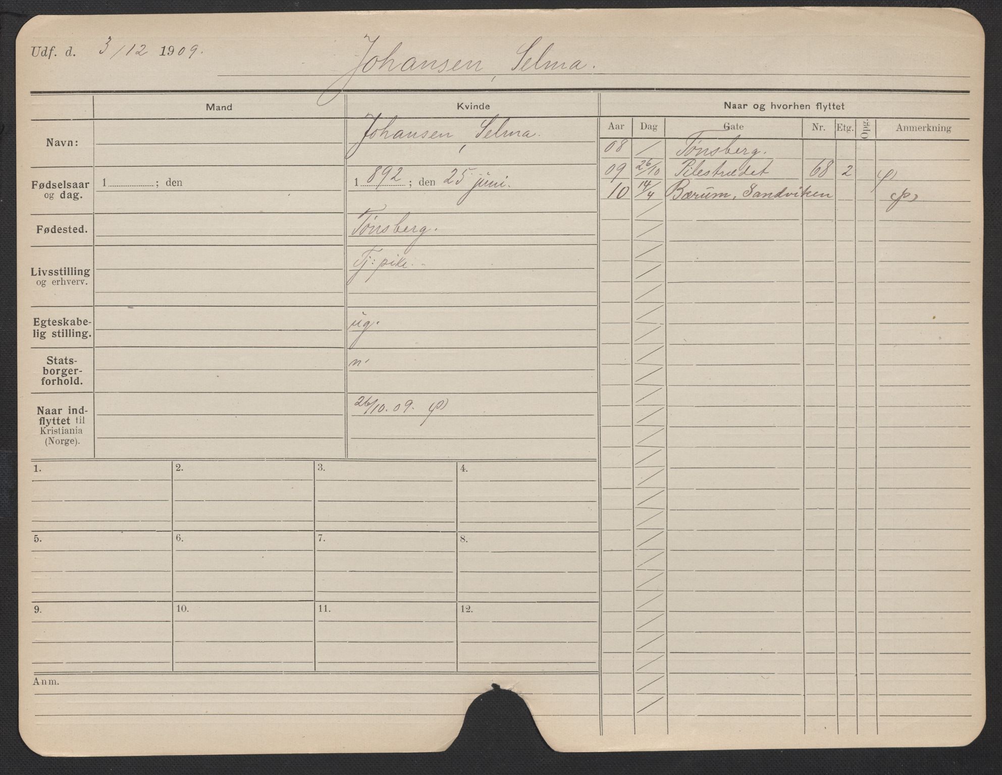 Oslo folkeregister, Registerkort, AV/SAO-A-11715/F/Fa/Fac/L0018: Kvinner, 1906-1914, s. 400a