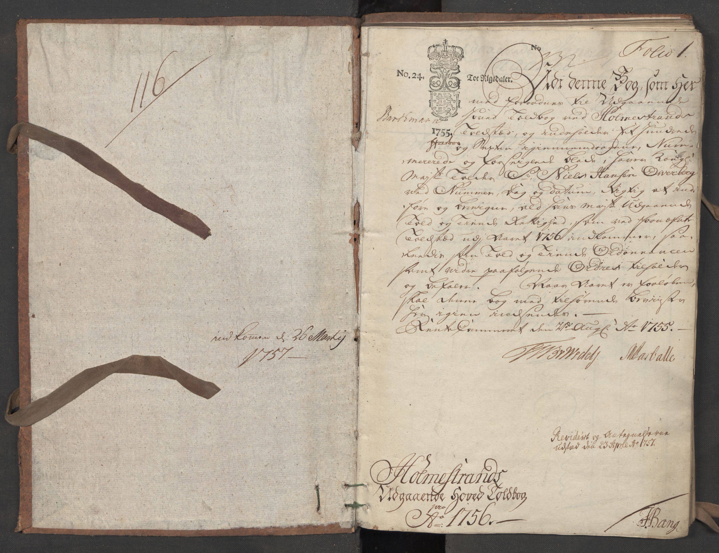 Generaltollkammeret, tollregnskaper, AV/RA-EA-5490/R09/L0022/0001: Tollregnskaper Holmestrand / Utgående hovedtollbok, 1756, s. 1a