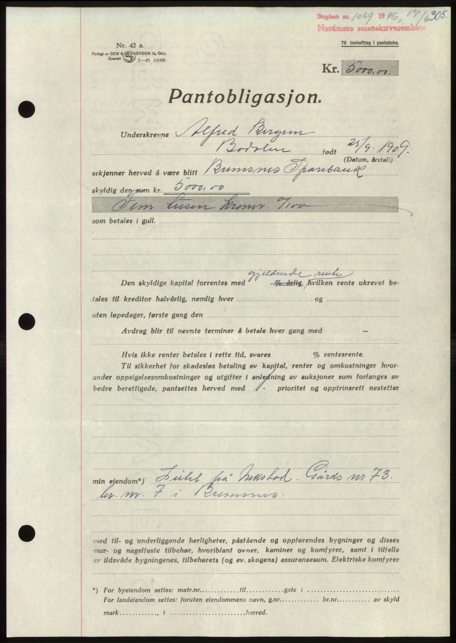 Nordmøre sorenskriveri, SAT/A-4132/1/2/2Ca: Pantebok nr. B94, 1946-1946, Dagboknr: 1069/1946