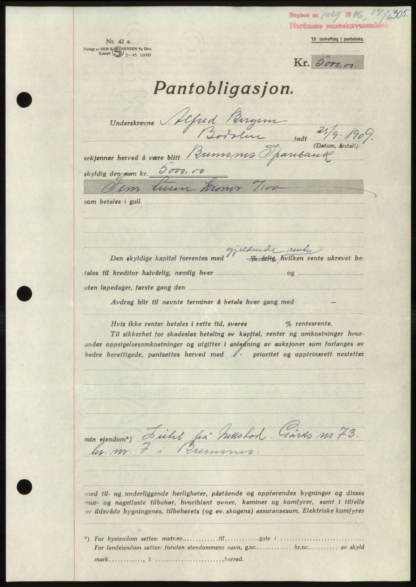 Nordmøre sorenskriveri, AV/SAT-A-4132/1/2/2Ca: Pantebok nr. B94, 1946-1946, Dagboknr: 1069/1946