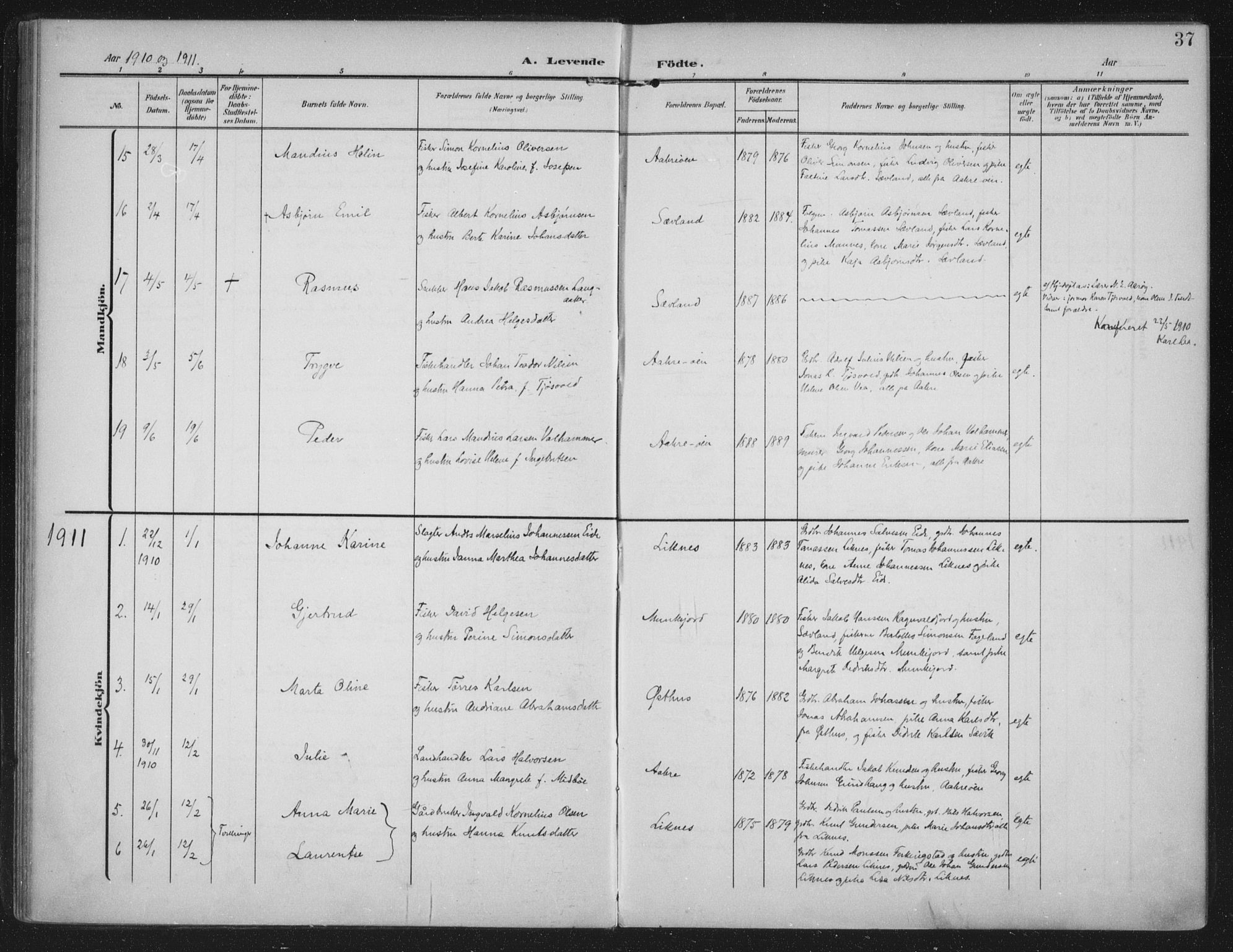 Kopervik sokneprestkontor, AV/SAST-A-101850/H/Ha/Haa/L0005: Ministerialbok nr. A 5, 1906-1924, s. 37