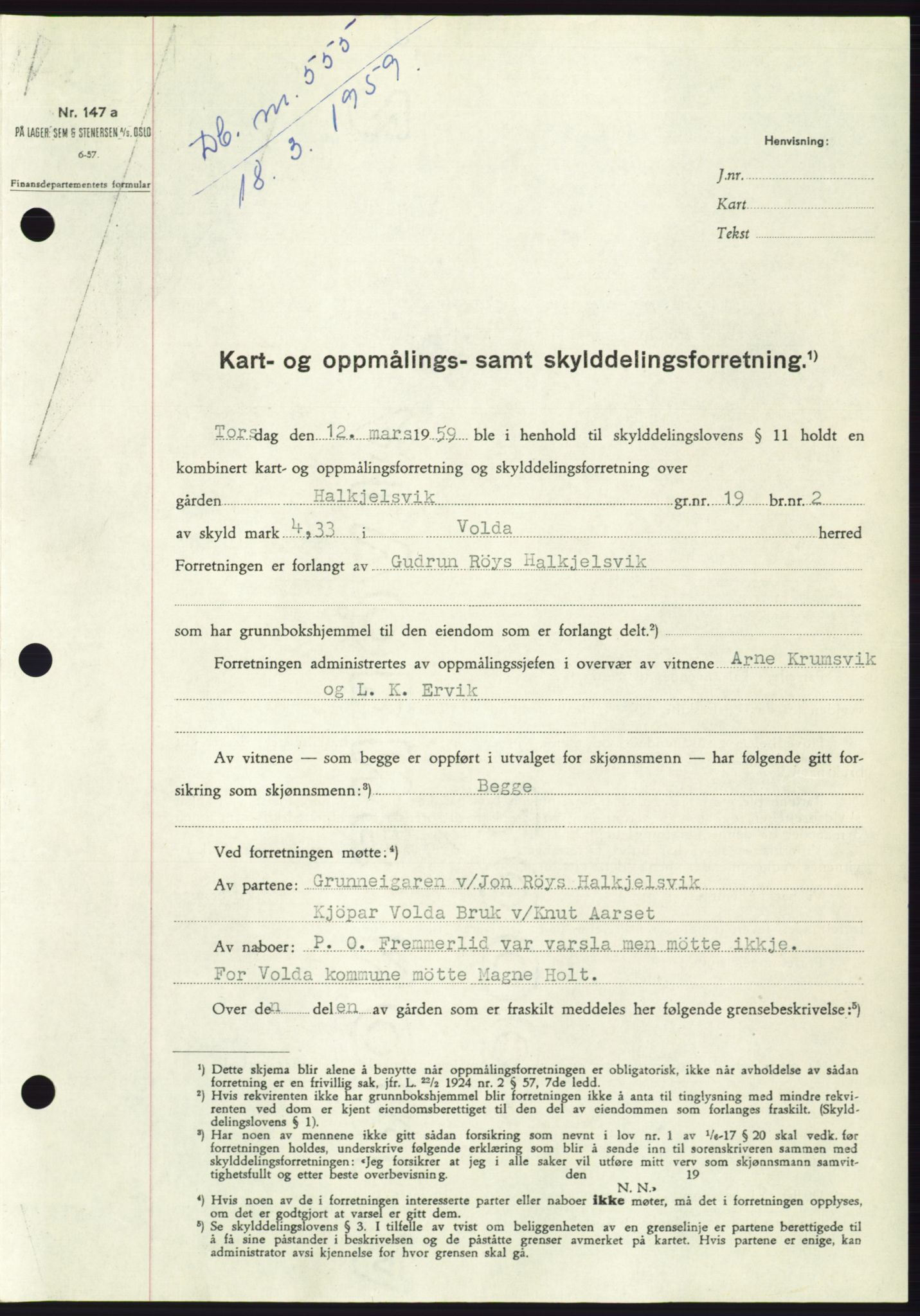 Søre Sunnmøre sorenskriveri, SAT/A-4122/1/2/2C/L0112: Pantebok nr. 38A, 1959-1959, Dagboknr: 555/1959