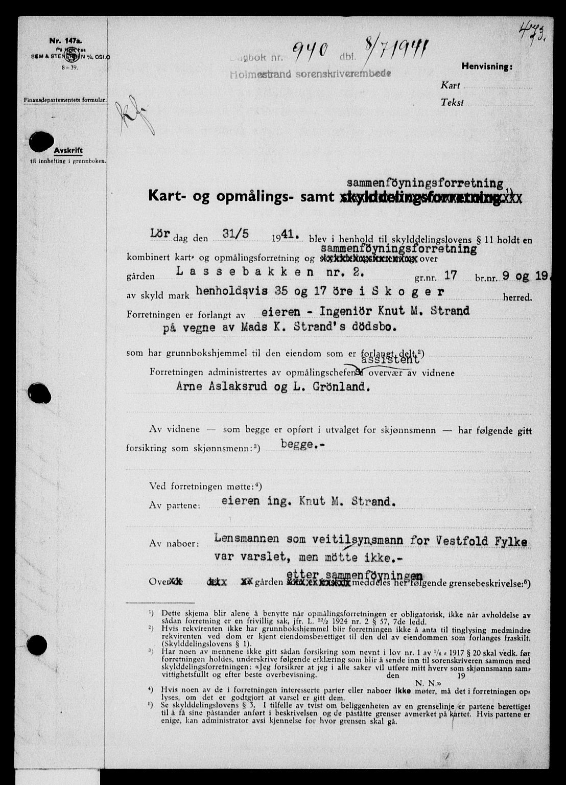 Holmestrand sorenskriveri, SAKO/A-67/G/Ga/Gaa/L0053: Pantebok nr. A-53, 1941-1941, Dagboknr: 940/1941