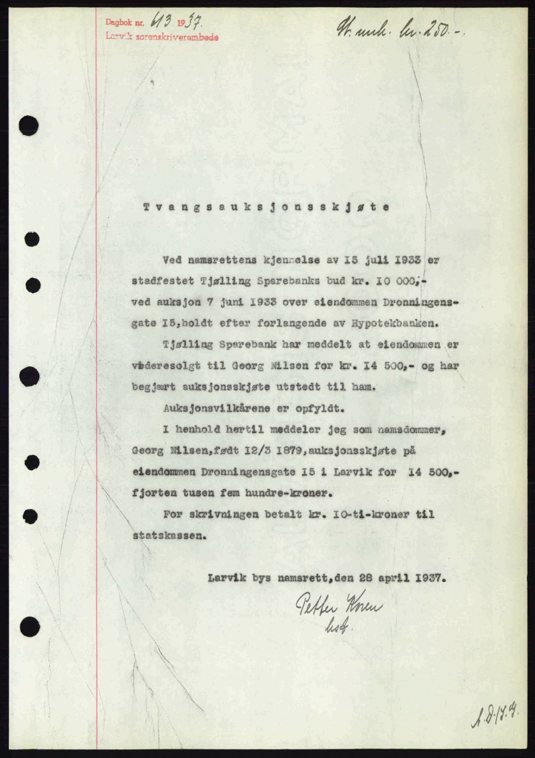 Larvik sorenskriveri, SAKO/A-83/G/Ga/Gab/L0067: Pantebok nr. A-1, 1936-1937, Dagboknr: 613/1937